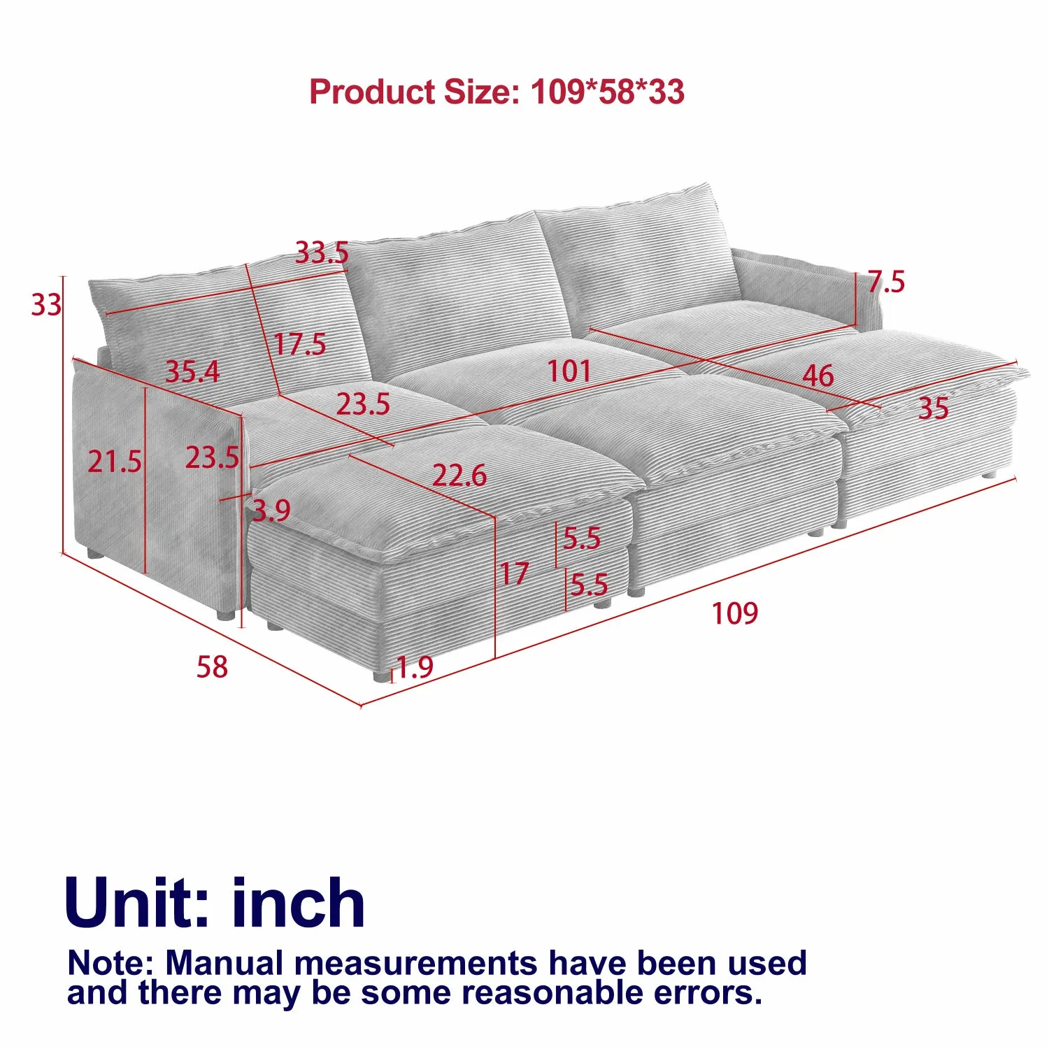 Streamdale Corduroy Cloud Sofa with Footrests & Cushions