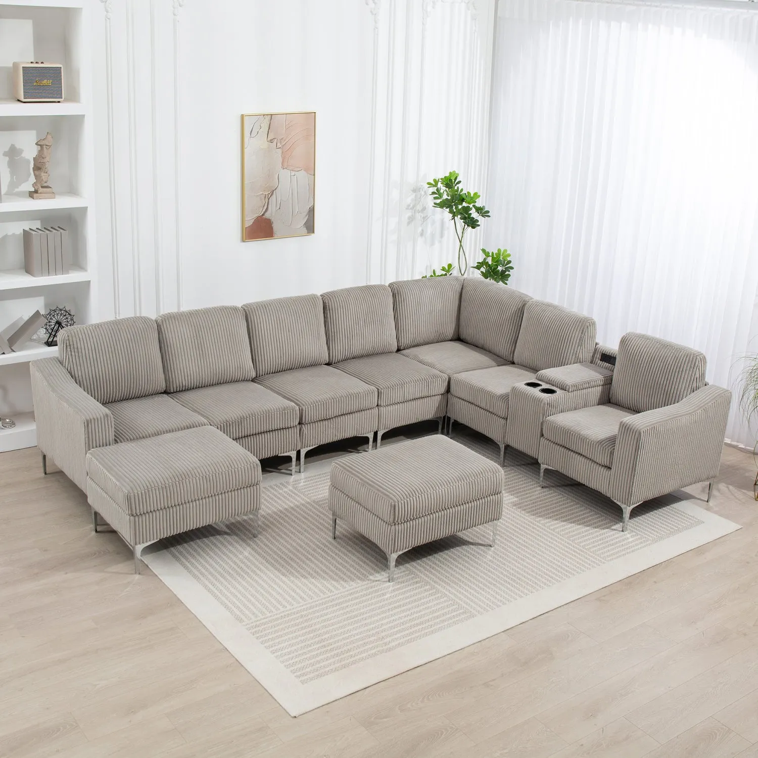 Streamdale Corduroy Convertible Sectional Sofa with Ottoman, Gray