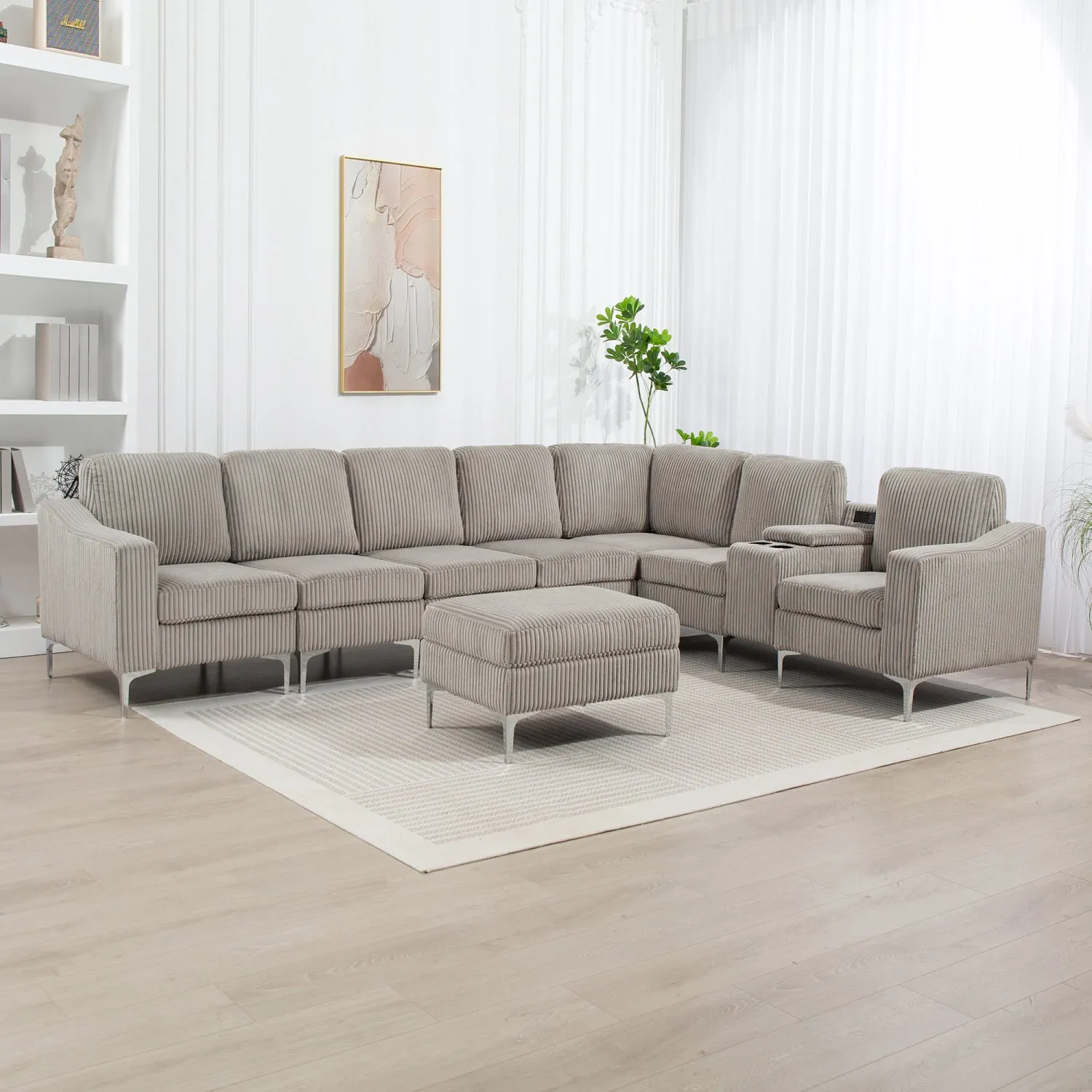 Streamdale Corduroy Convertible Sectional Sofa with Ottoman, Gray