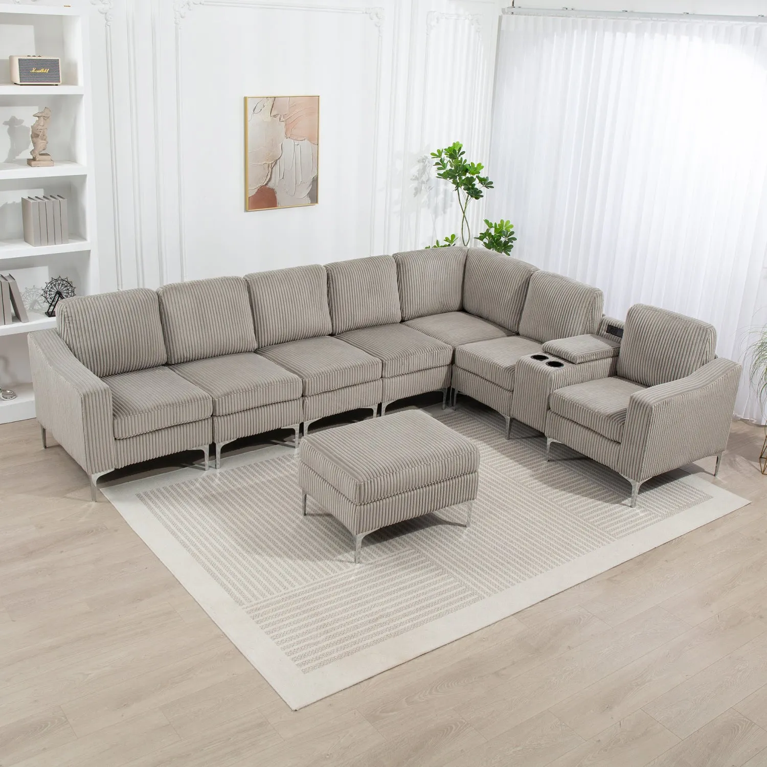 Streamdale Corduroy Convertible Sectional Sofa with Ottoman, Gray