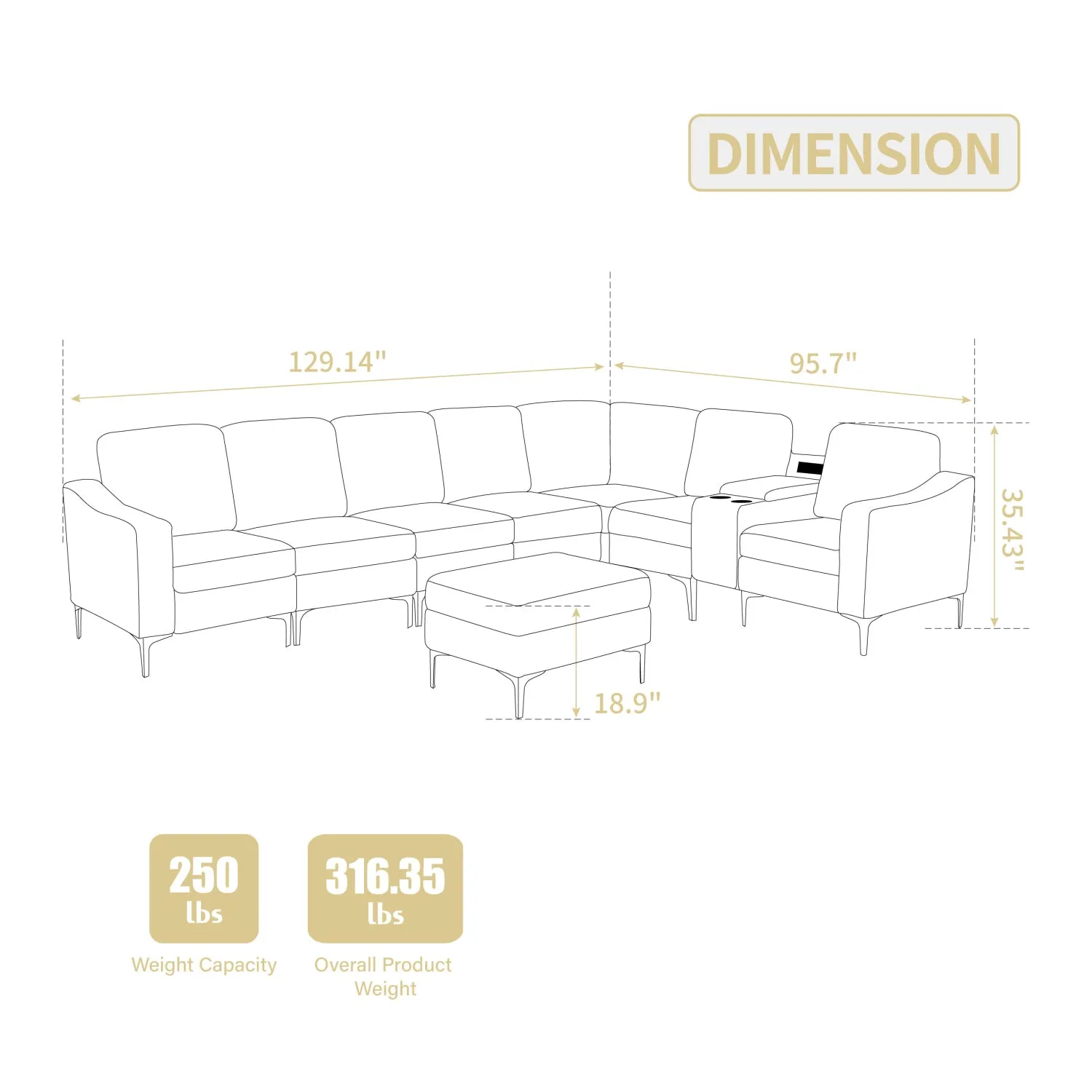 Streamdale Corduroy Convertible Sectional Sofa with Ottoman, Gray