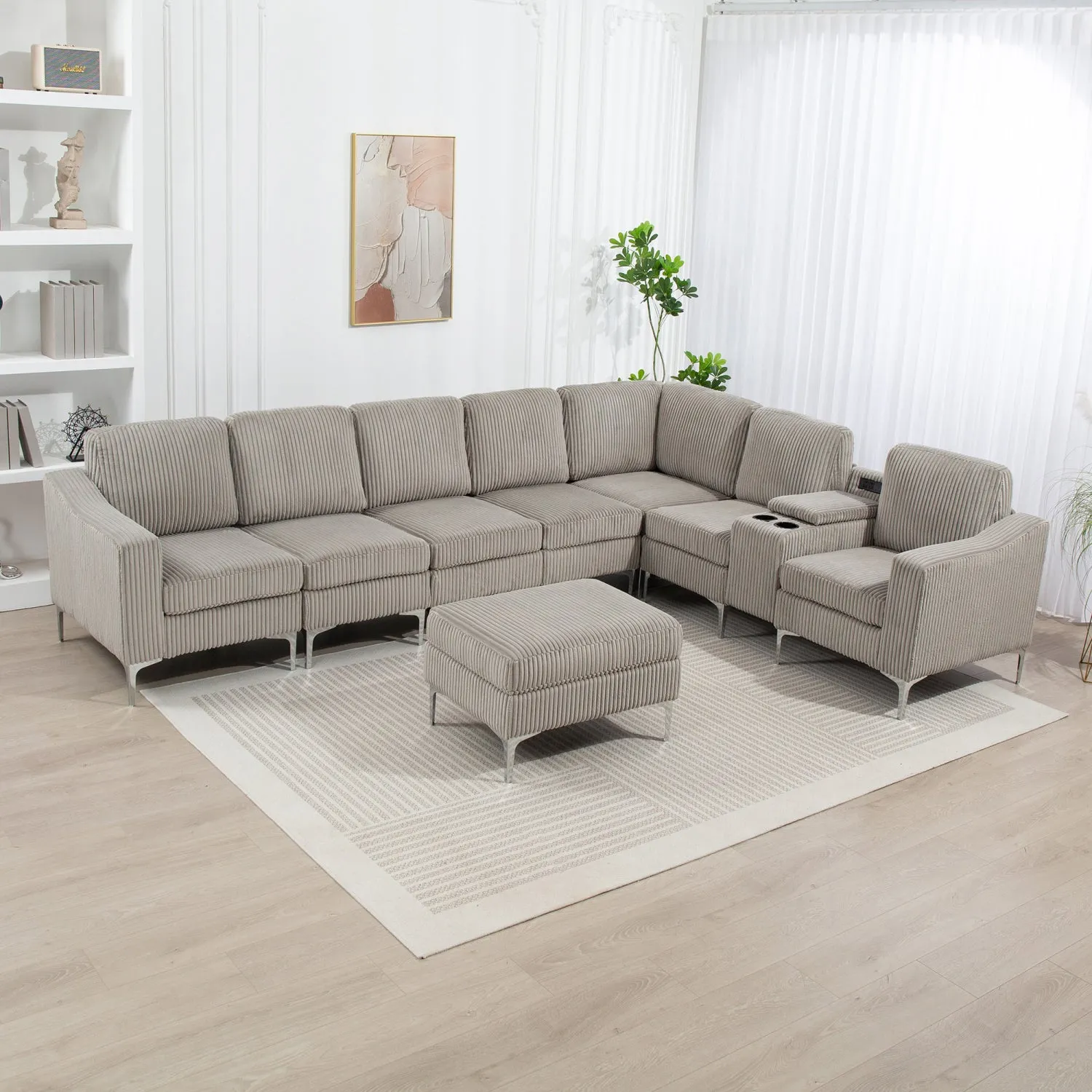 Streamdale Corduroy Convertible Sectional Sofa with Ottoman, Gray