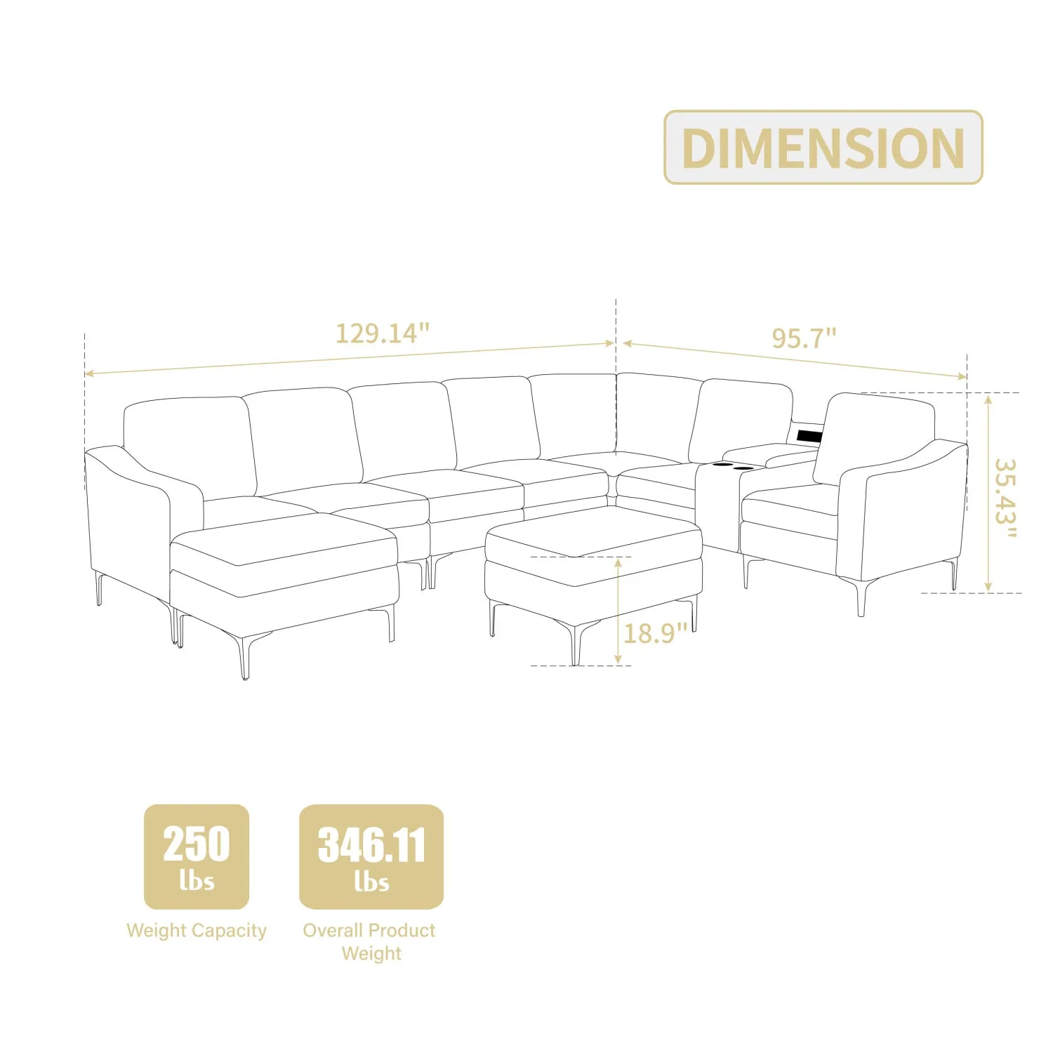 Streamdale Corduroy Convertible Sectional Sofa with Ottoman, Gray