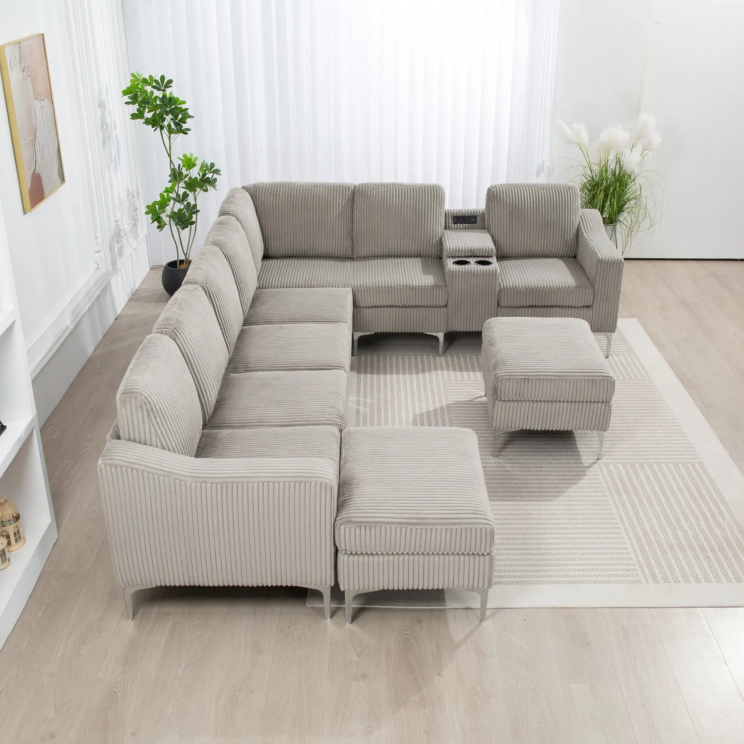 Streamdale Corduroy Convertible Sectional Sofa with Ottoman, Gray