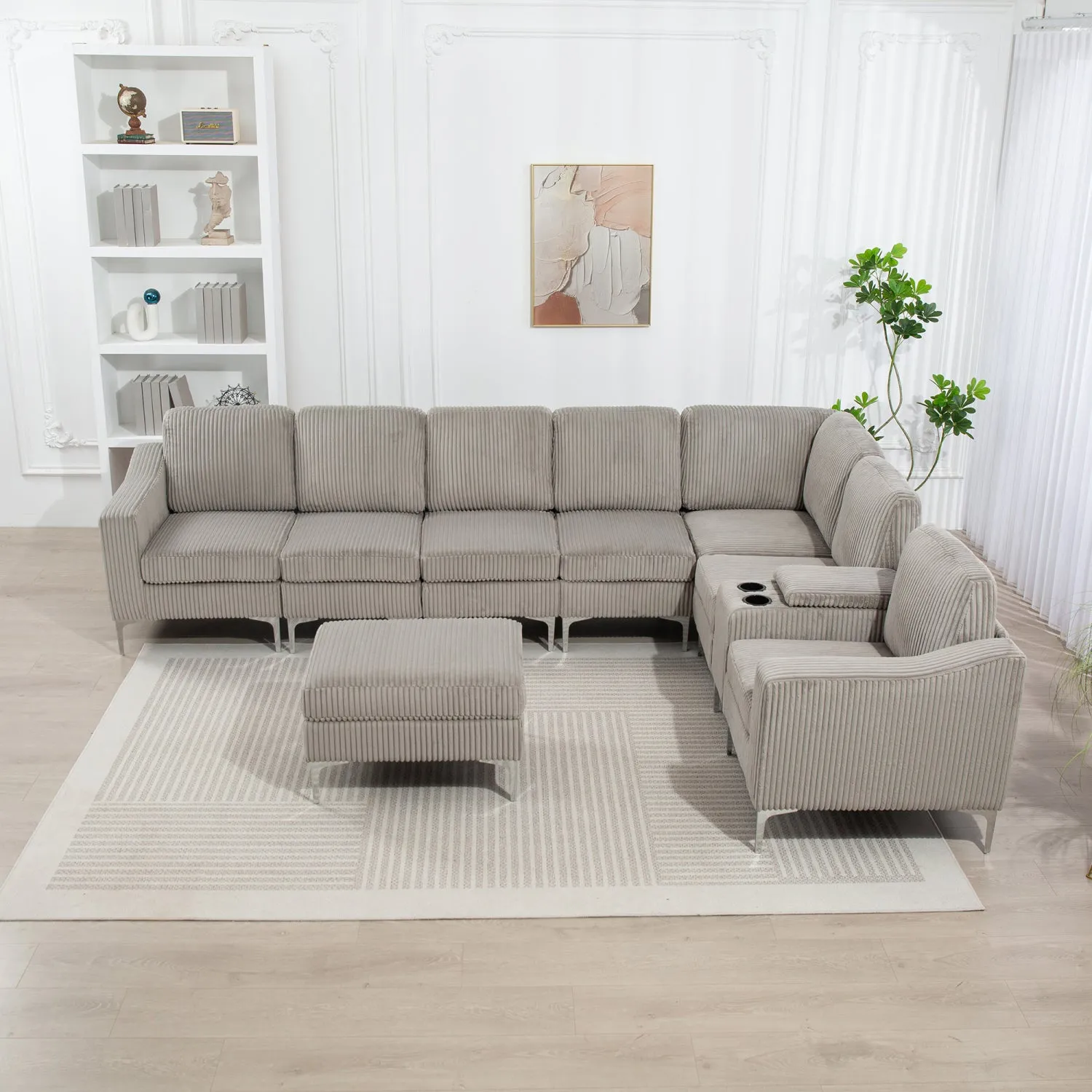 Streamdale Corduroy Convertible Sectional Sofa with Ottoman, Gray
