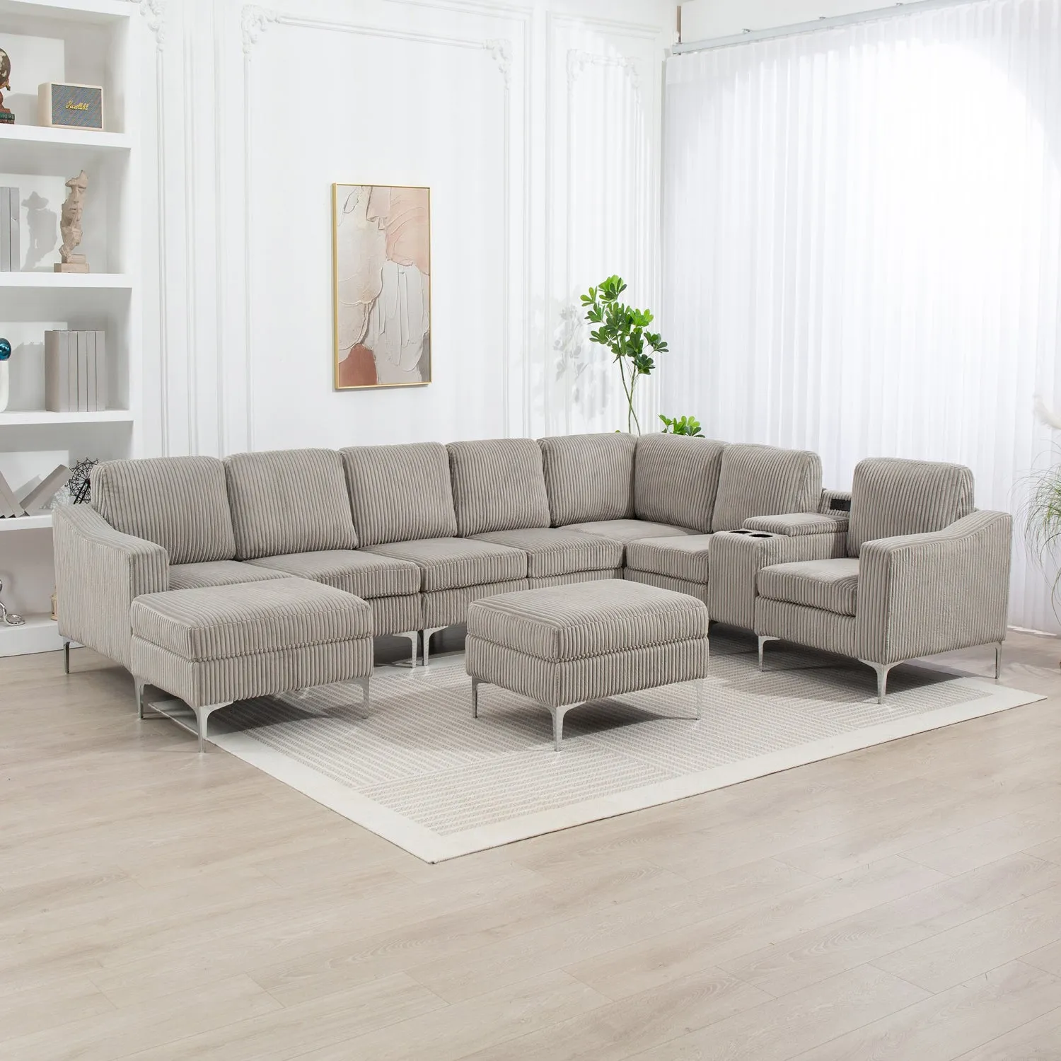 Streamdale Corduroy Convertible Sectional Sofa with Ottoman, Gray
