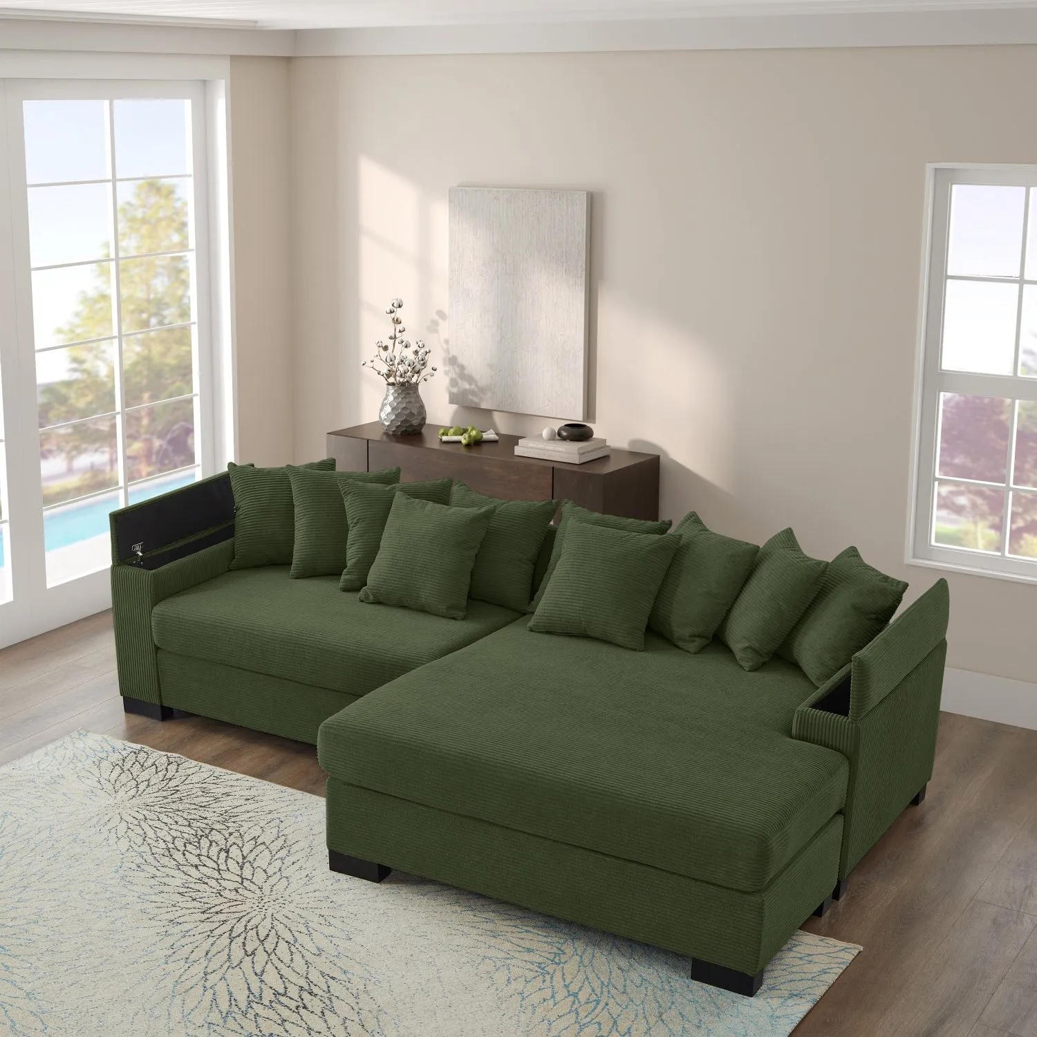 Streamdale Corduroy Green Sectional Sofa with Storage Chaise