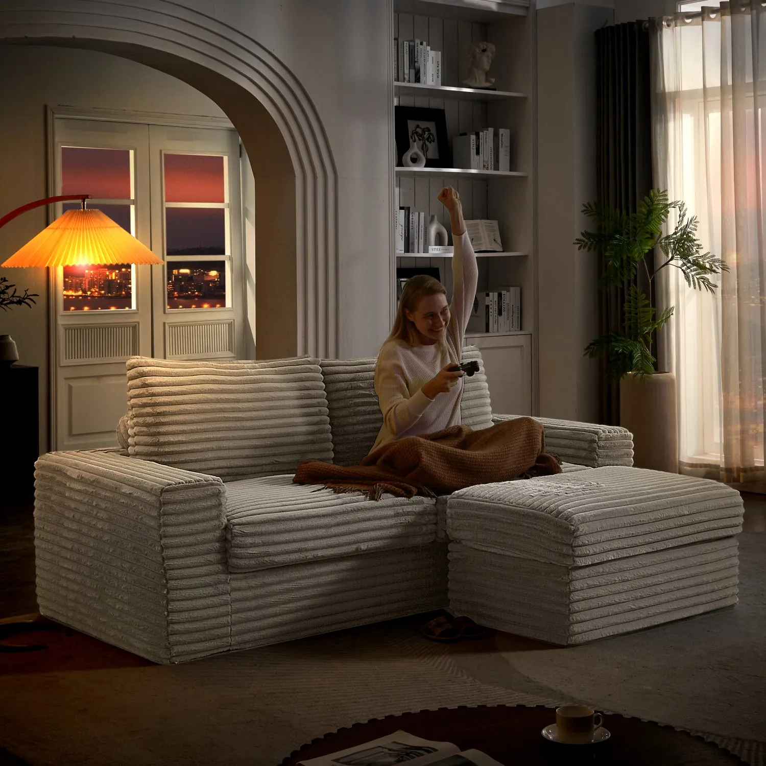 Streamdale Corduroy L-Shaped Sectional Sofa with Ottoman