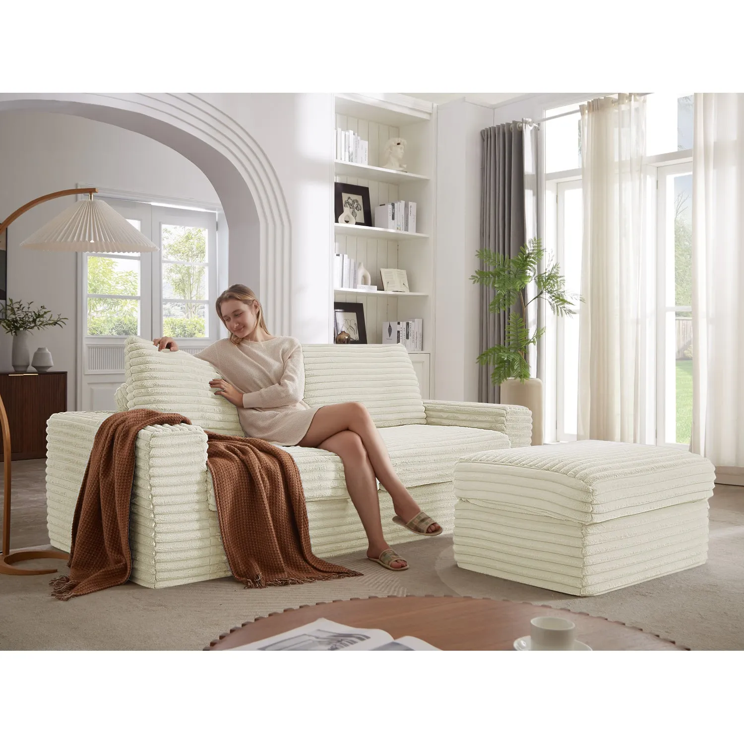 Streamdale Corduroy L-Shaped Sectional Sofa with Ottoman