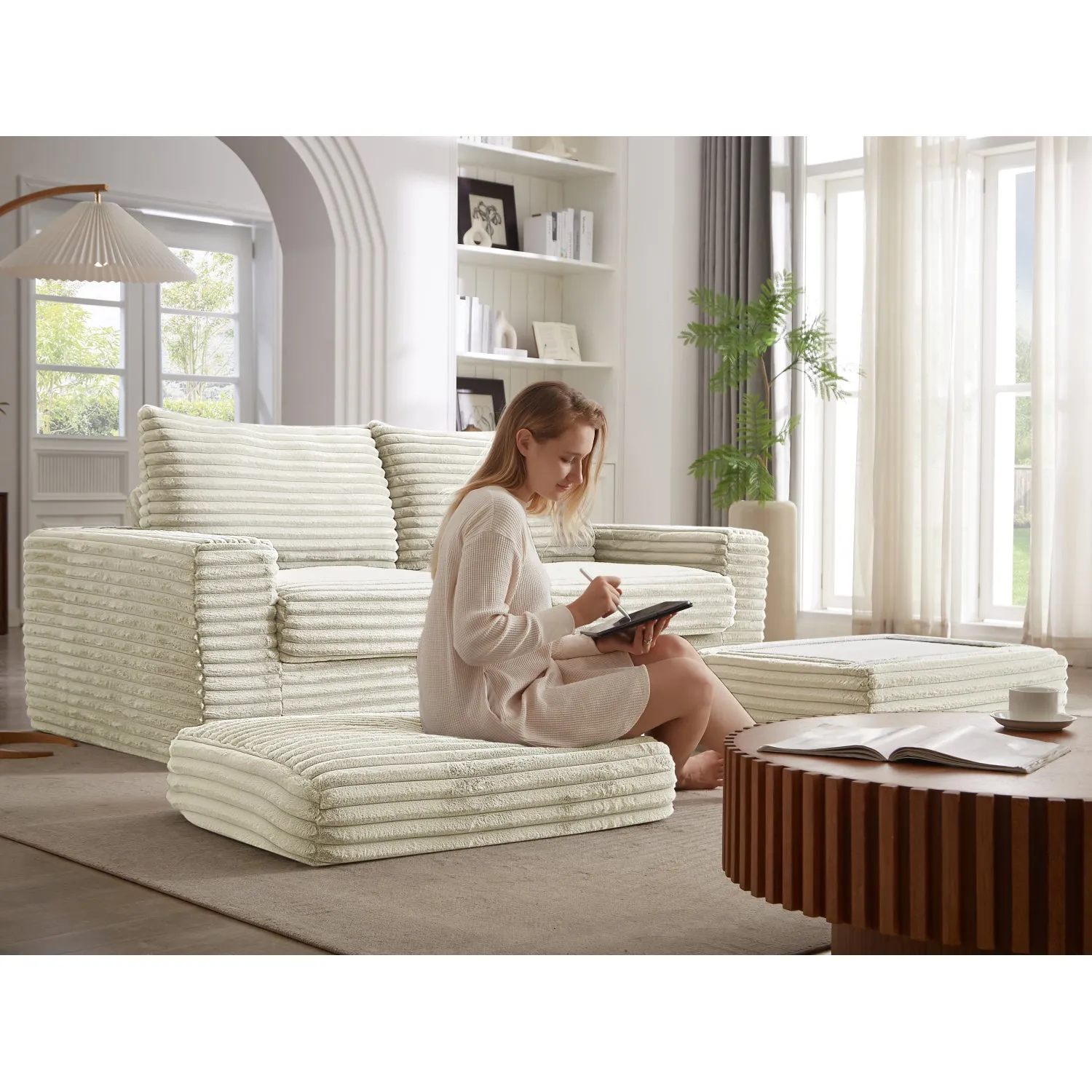 Streamdale Corduroy L-Shaped Sectional Sofa with Ottoman