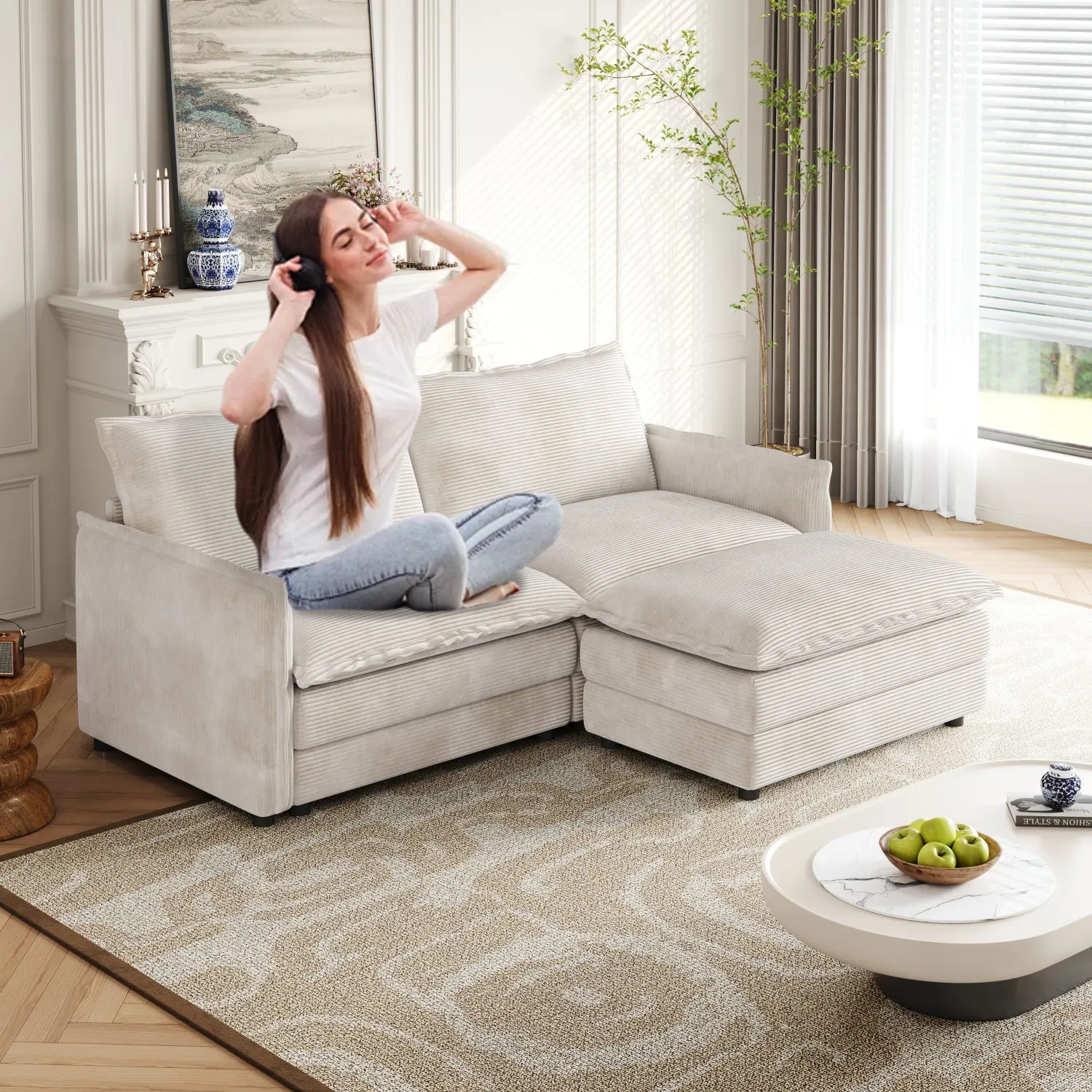 Streamdale Corduroy Loveseat Sofa with Ottoman & 2 Cushions