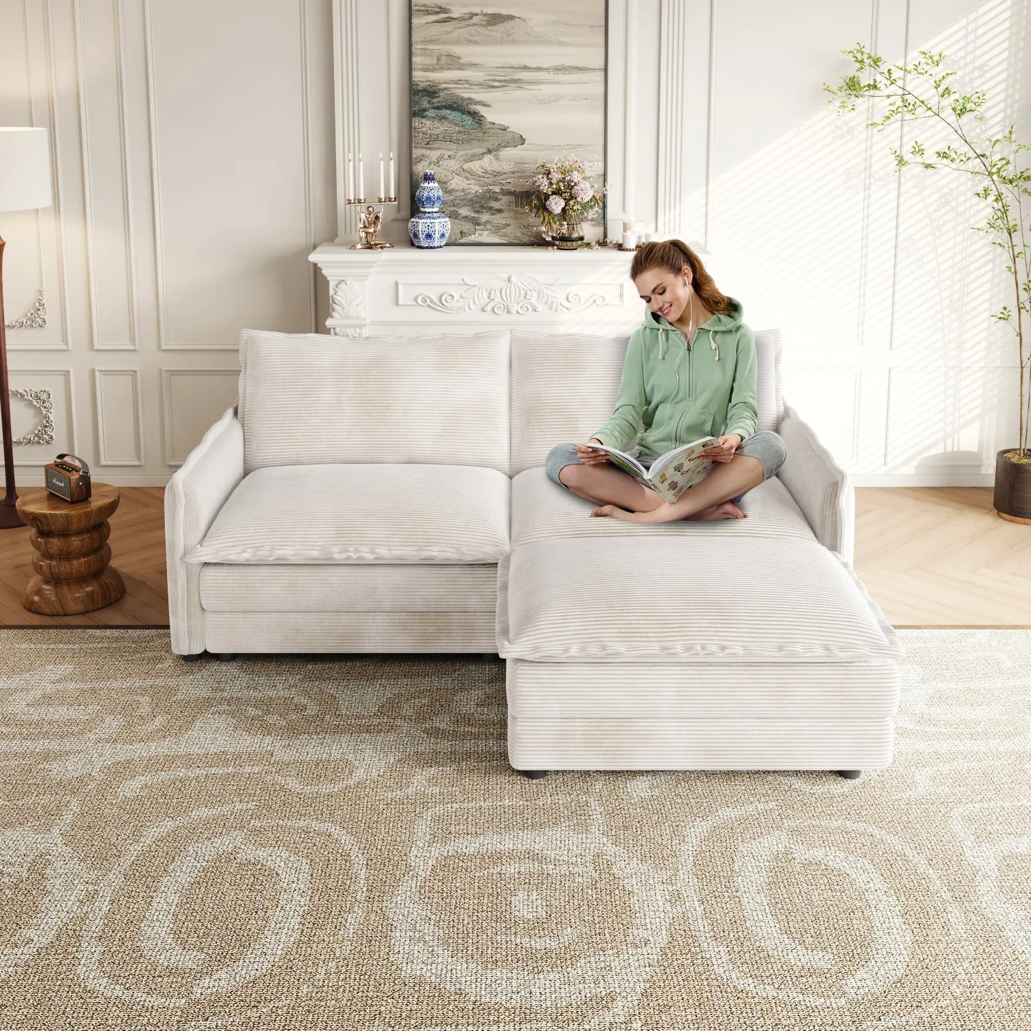 Streamdale Corduroy Loveseat Sofa with Ottoman & 2 Cushions