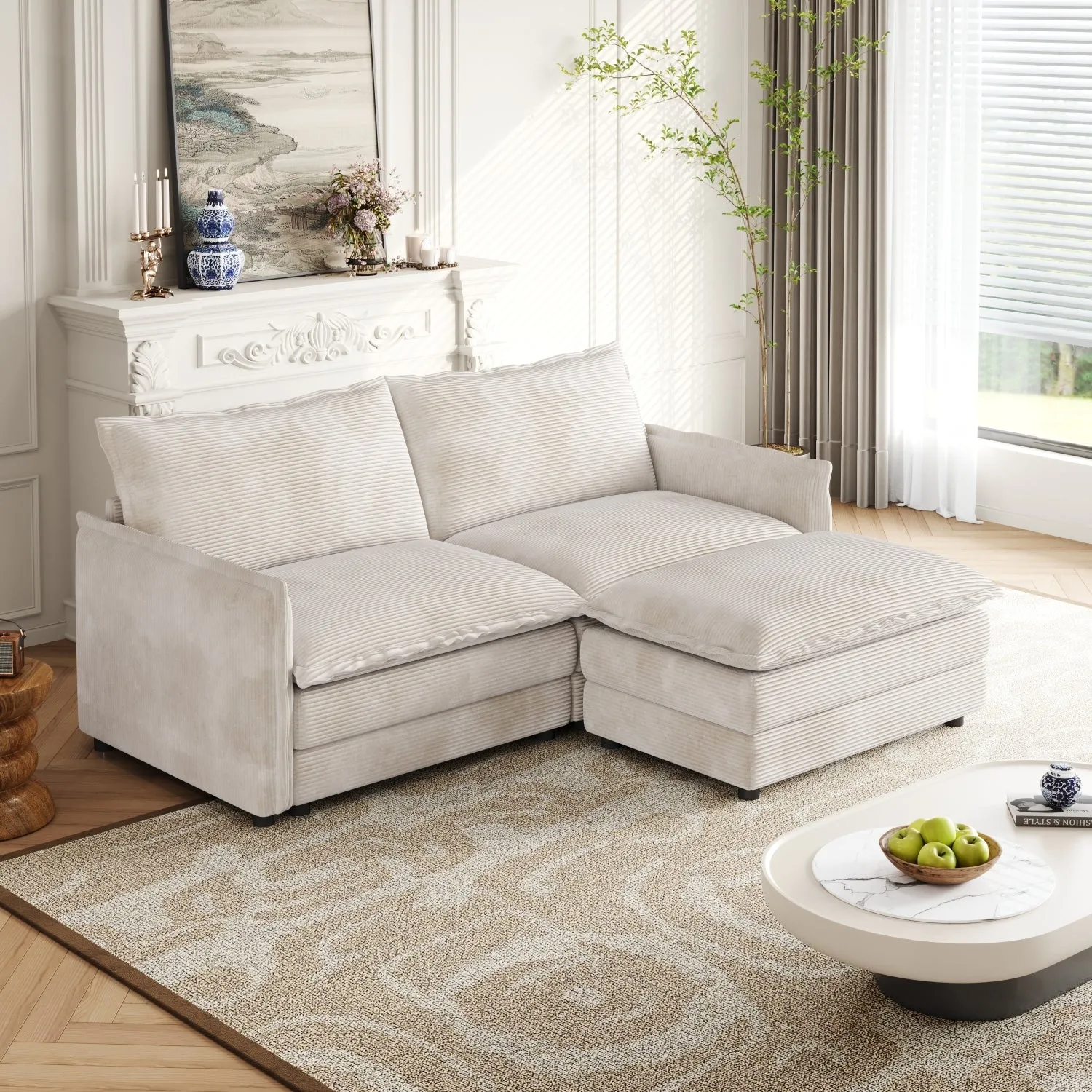 Streamdale Corduroy Loveseat Sofa with Ottoman & 2 Cushions