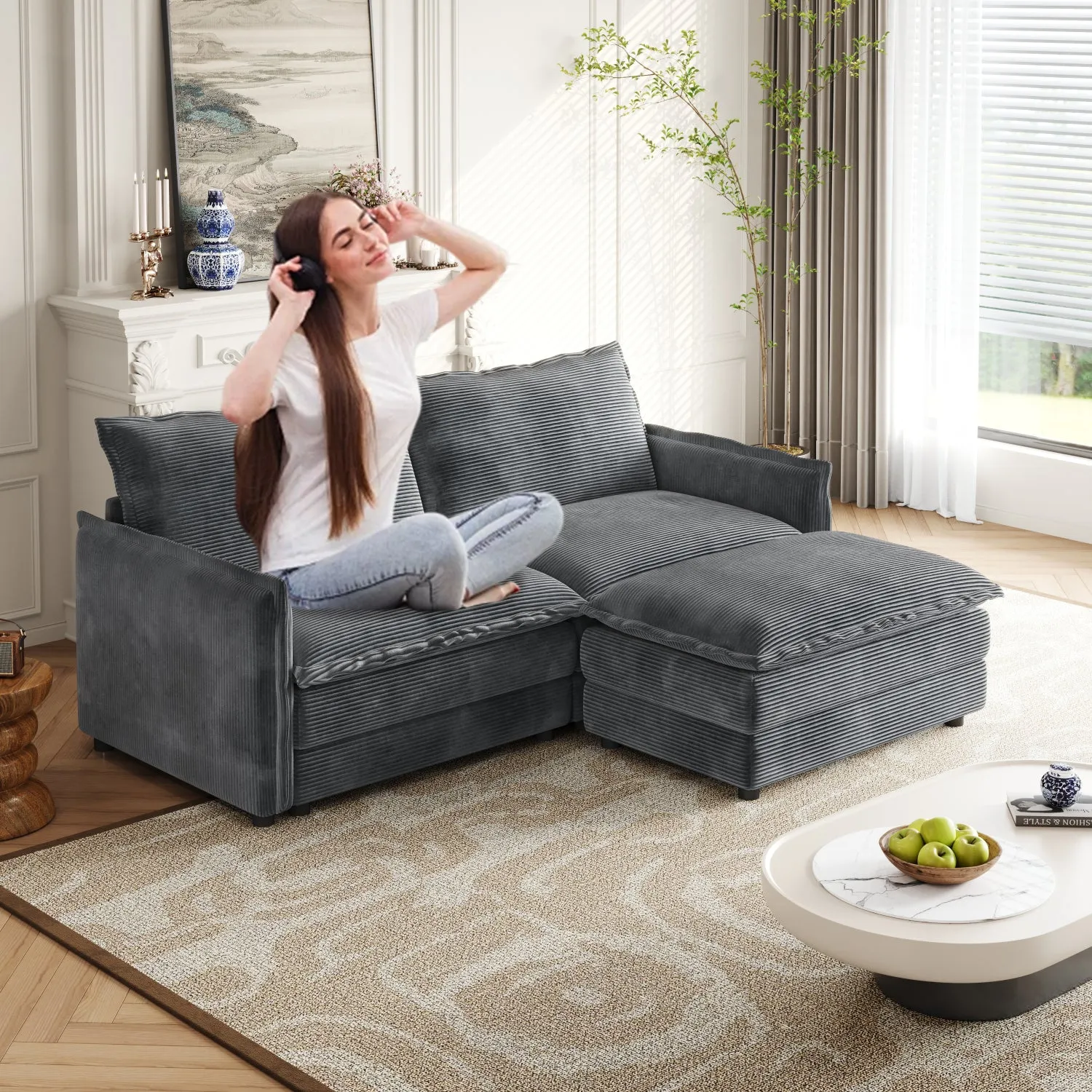 Streamdale Corduroy Loveseat Sofa with Ottoman & 2 Cushions
