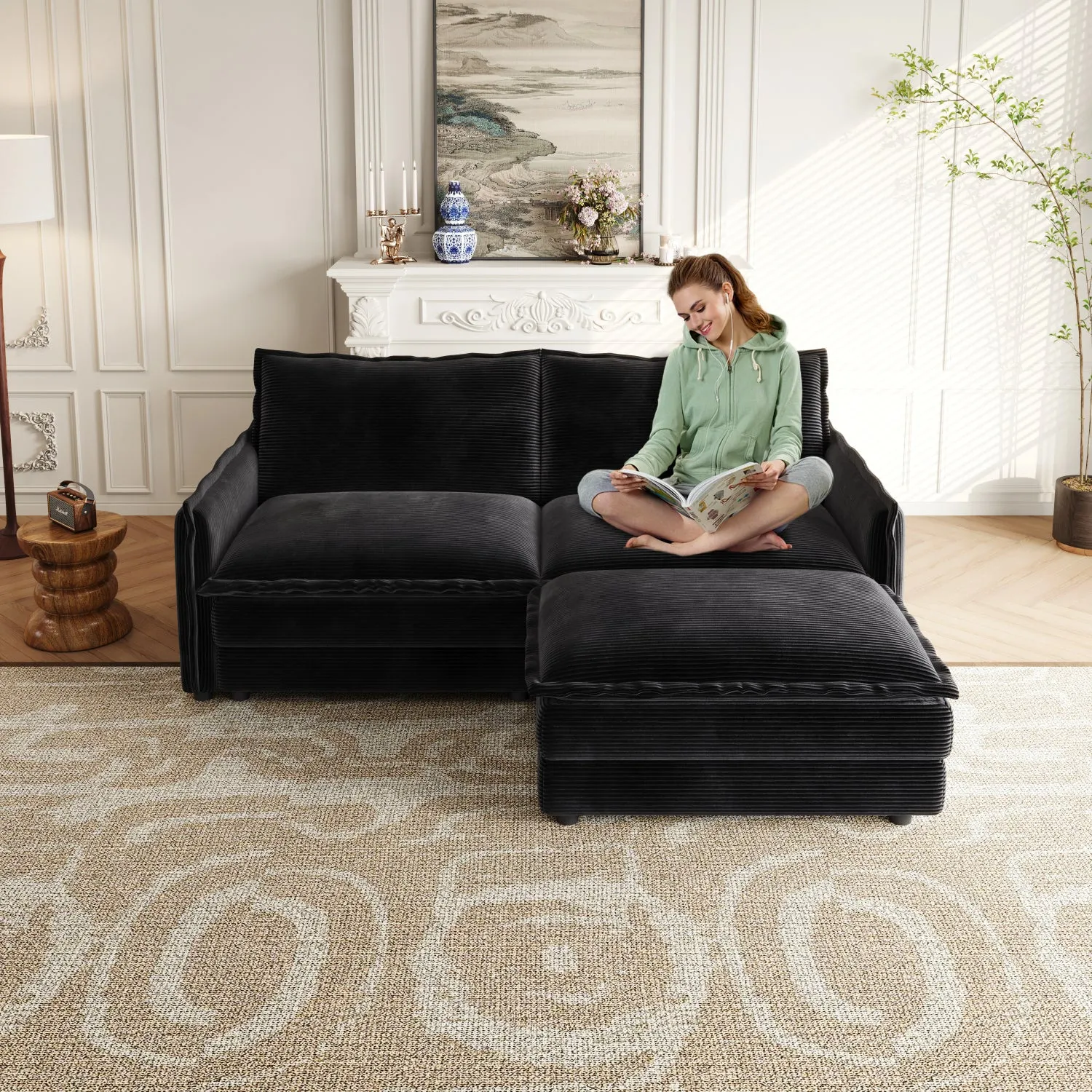Streamdale Corduroy Loveseat Sofa with Ottoman & 2 Cushions
