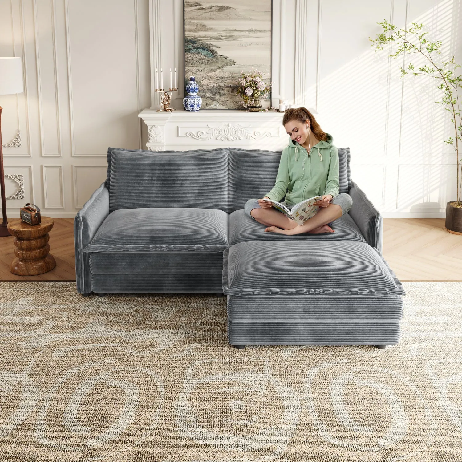 Streamdale Corduroy Loveseat Sofa with Ottoman & 2 Cushions