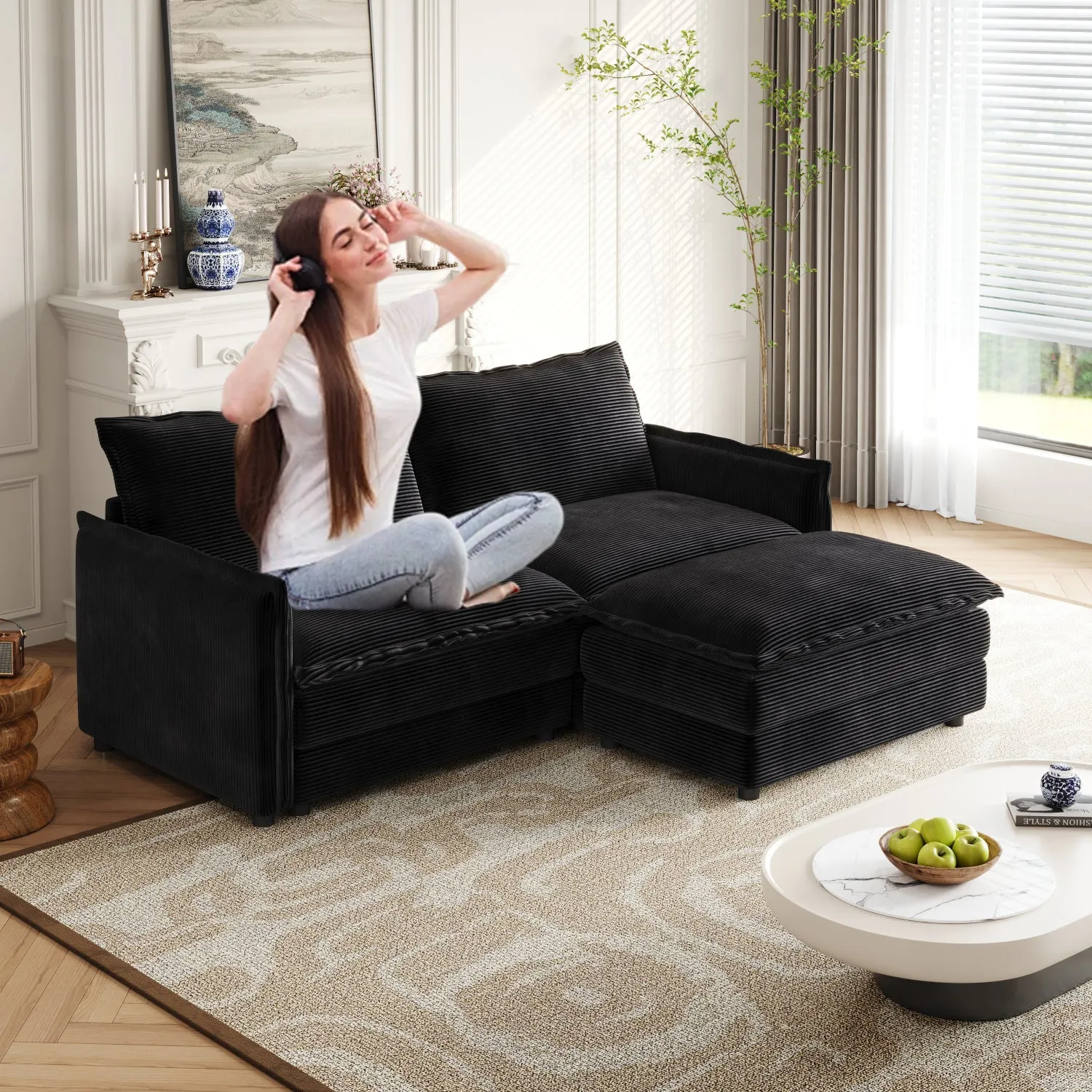 Streamdale Corduroy Loveseat Sofa with Ottoman & 2 Cushions