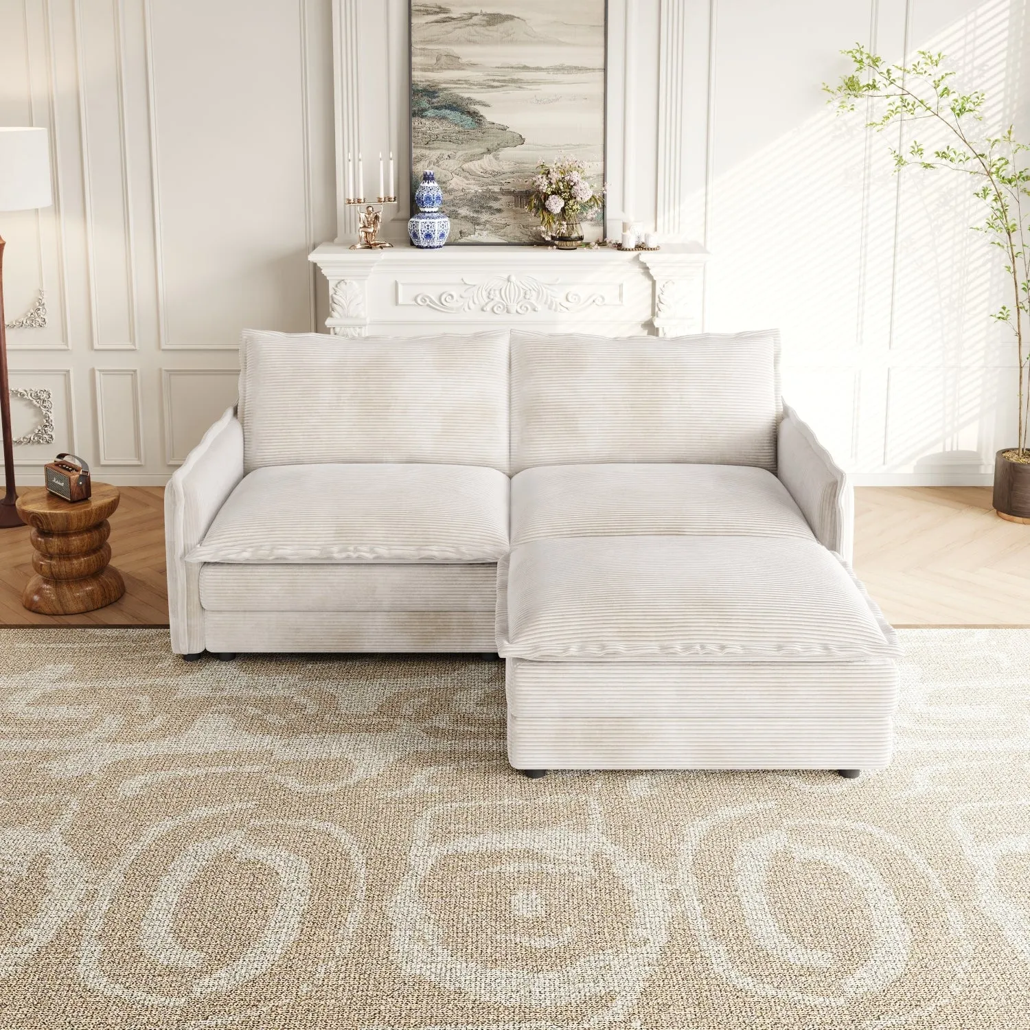 Streamdale Corduroy Loveseat Sofa with Ottoman & 2 Cushions