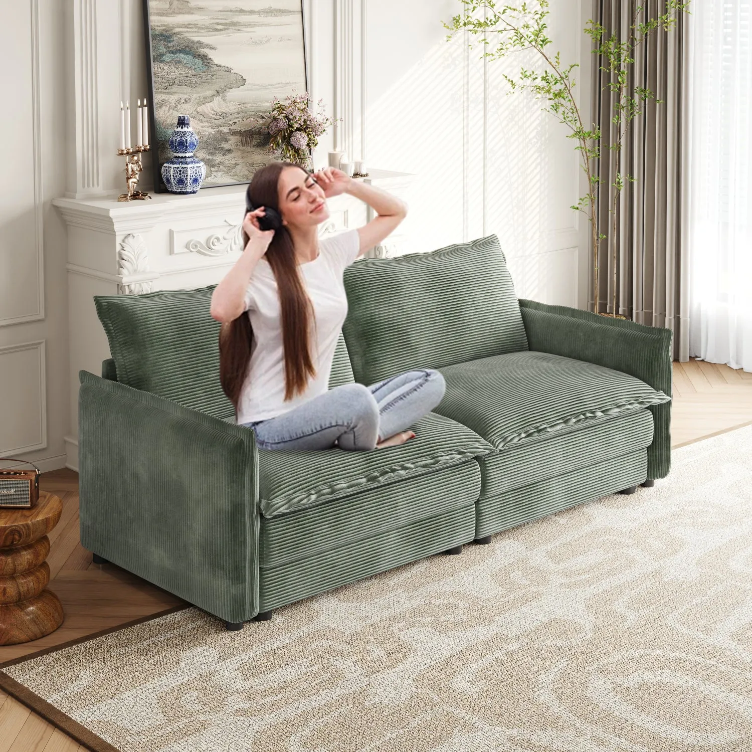 Streamdale Corduroy Loveseat Sofa with Pillows