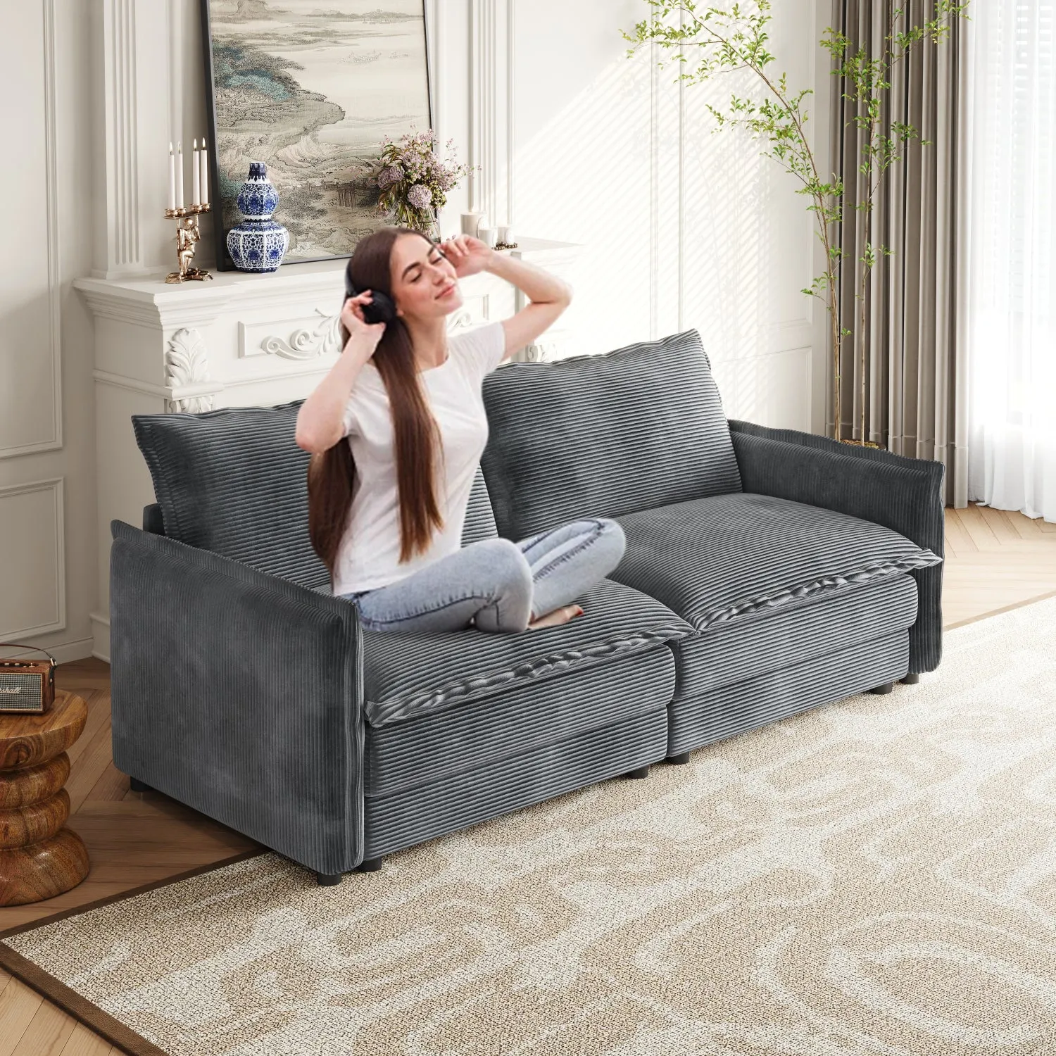 Streamdale Corduroy Loveseat Sofa with Pillows