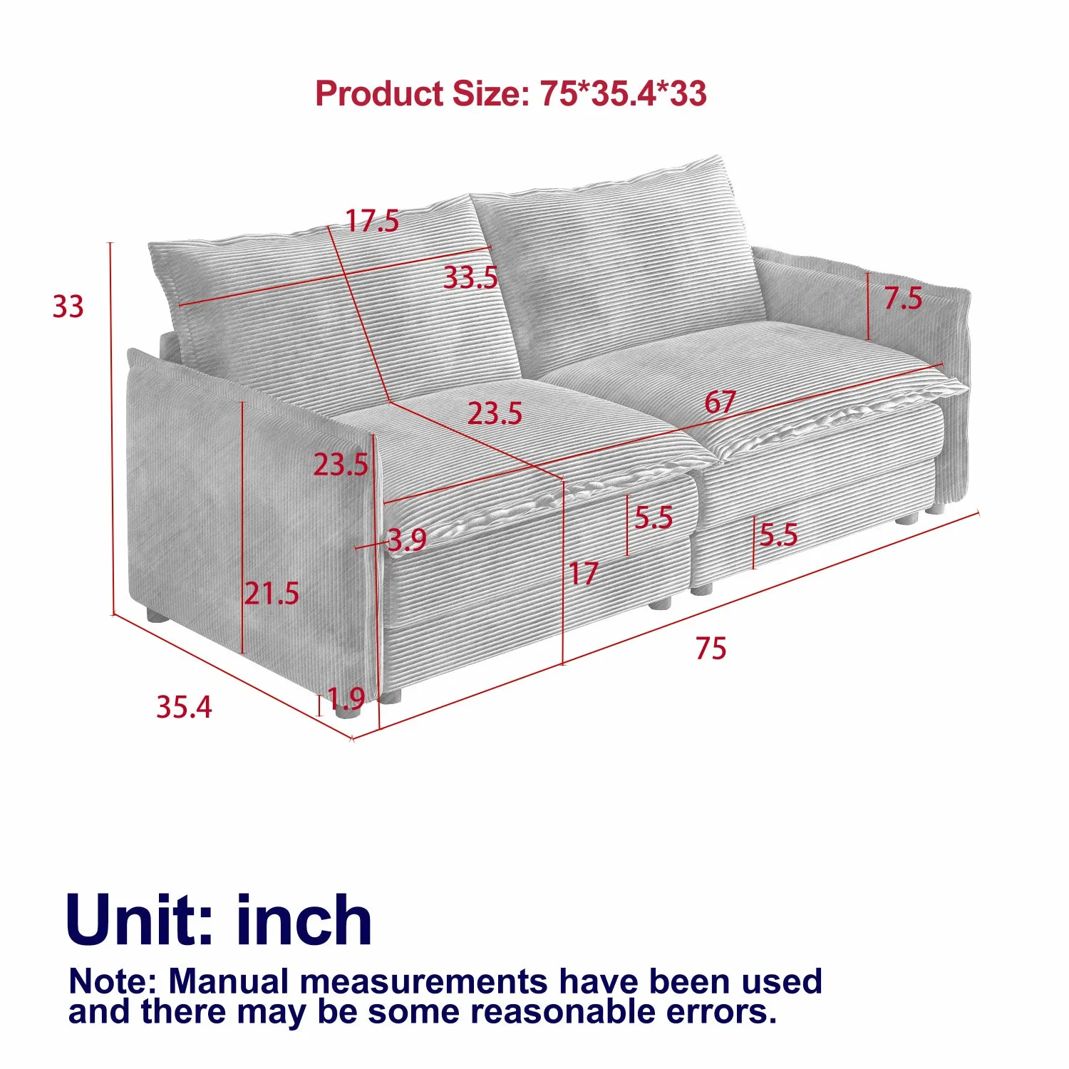 Streamdale Corduroy Loveseat Sofa with Pillows
