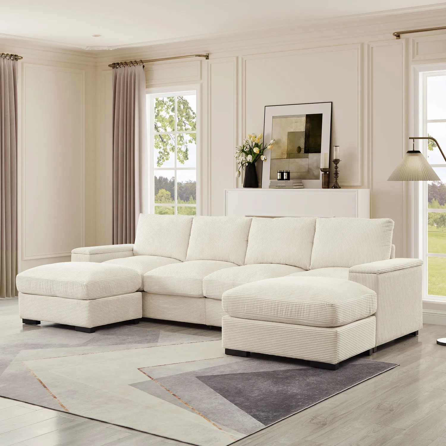 Streamdale Corduroy Sectional Sofa with Ottomans - Beige