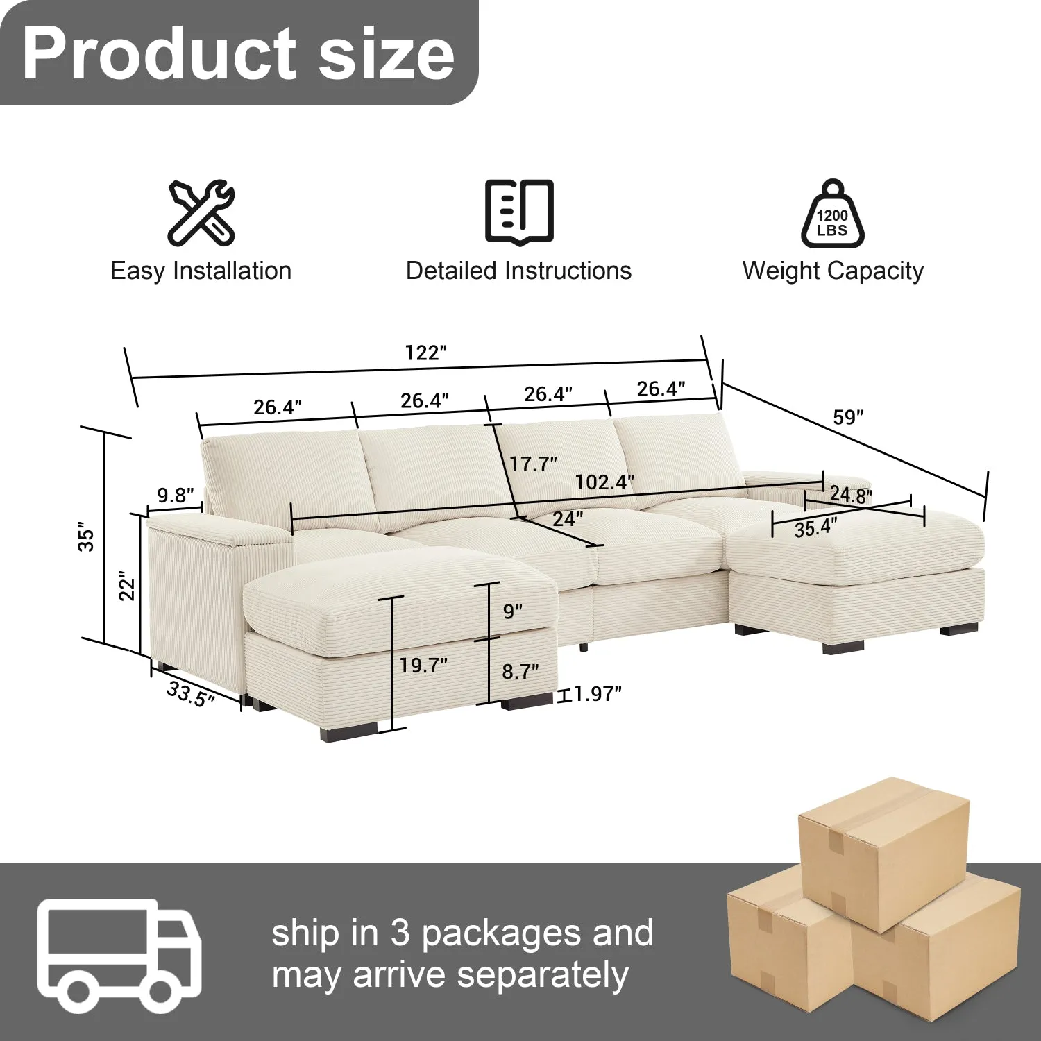 Streamdale Corduroy Sectional Sofa with Ottomans - Beige