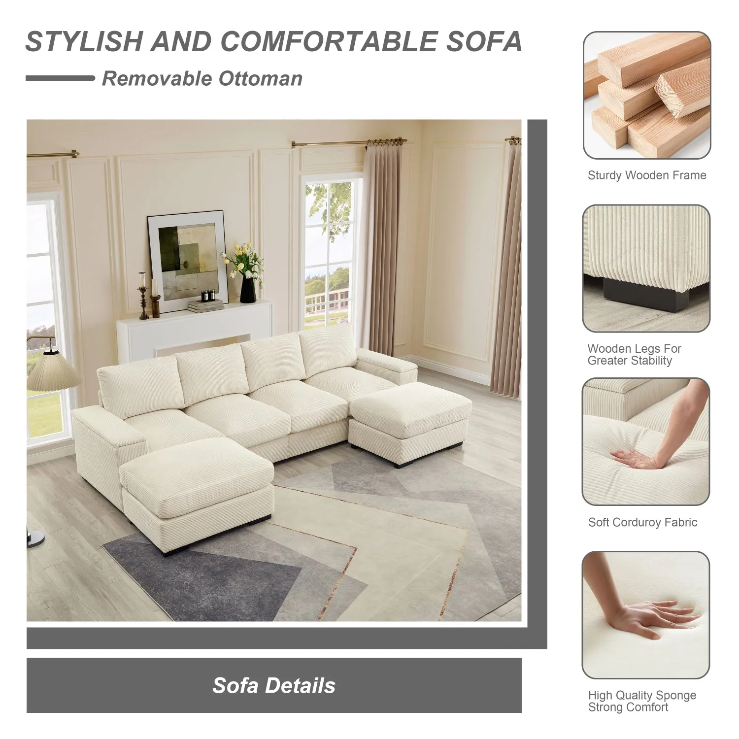 Streamdale Corduroy Sectional Sofa with Ottomans - Beige