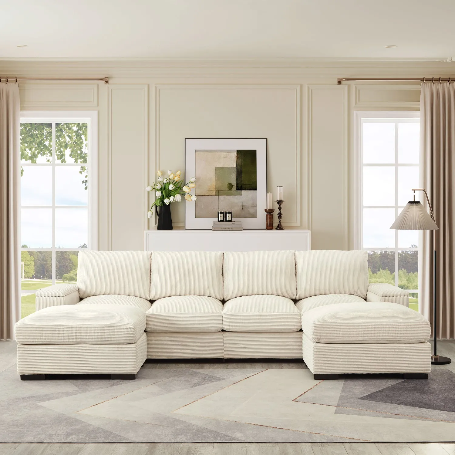 Streamdale Corduroy Sectional Sofa with Ottomans - Beige