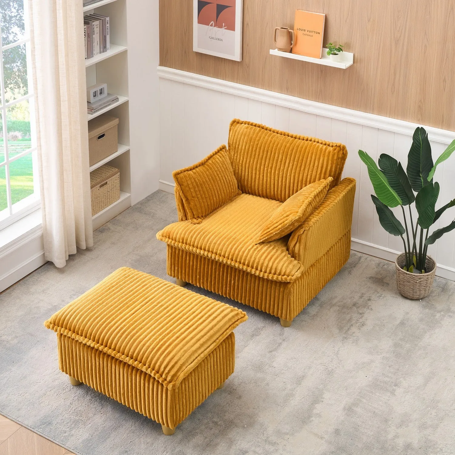 Streamdale Corduroy Sofa with Ottoman & Pillows - Living Room/Balcony/Study