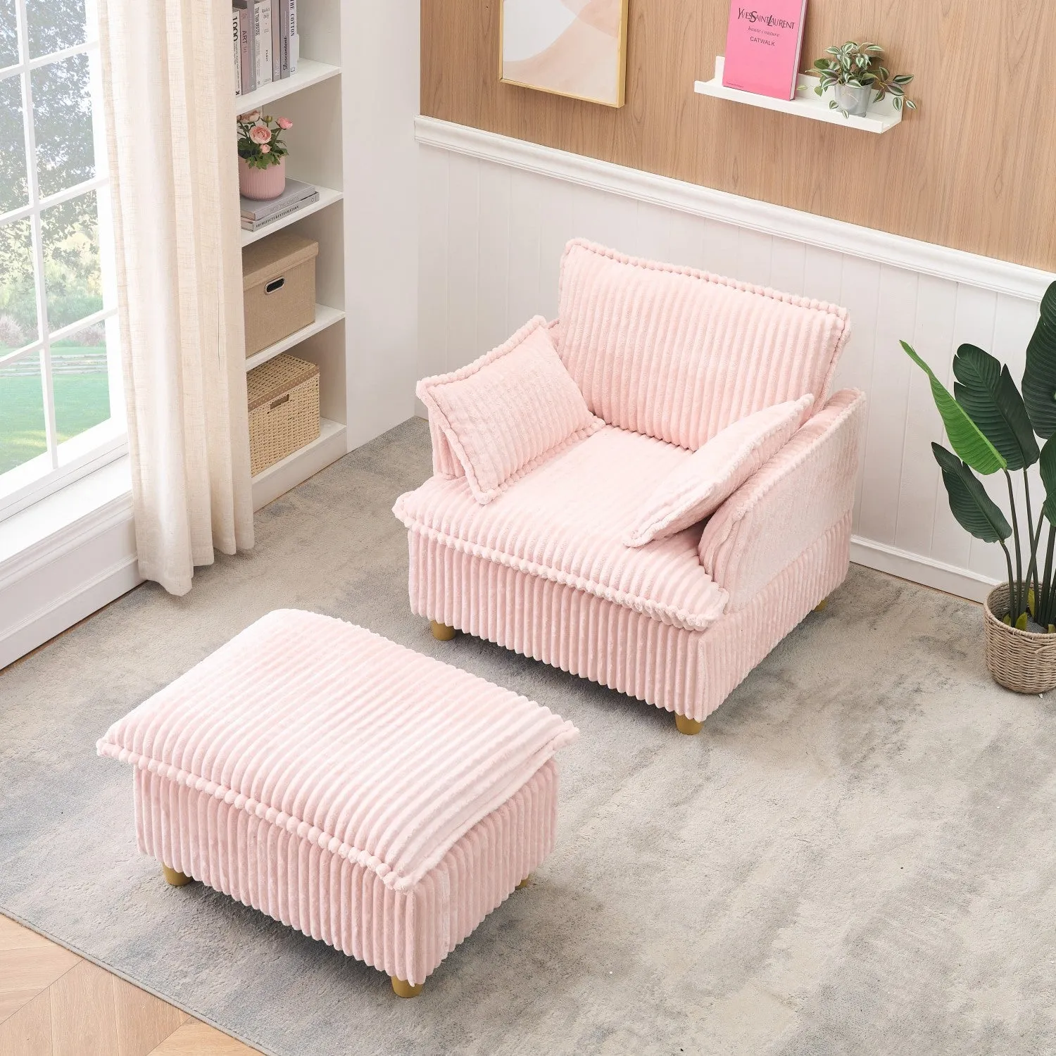 Streamdale Corduroy Sofa with Ottoman & Pillows - Living Room/Balcony/Study