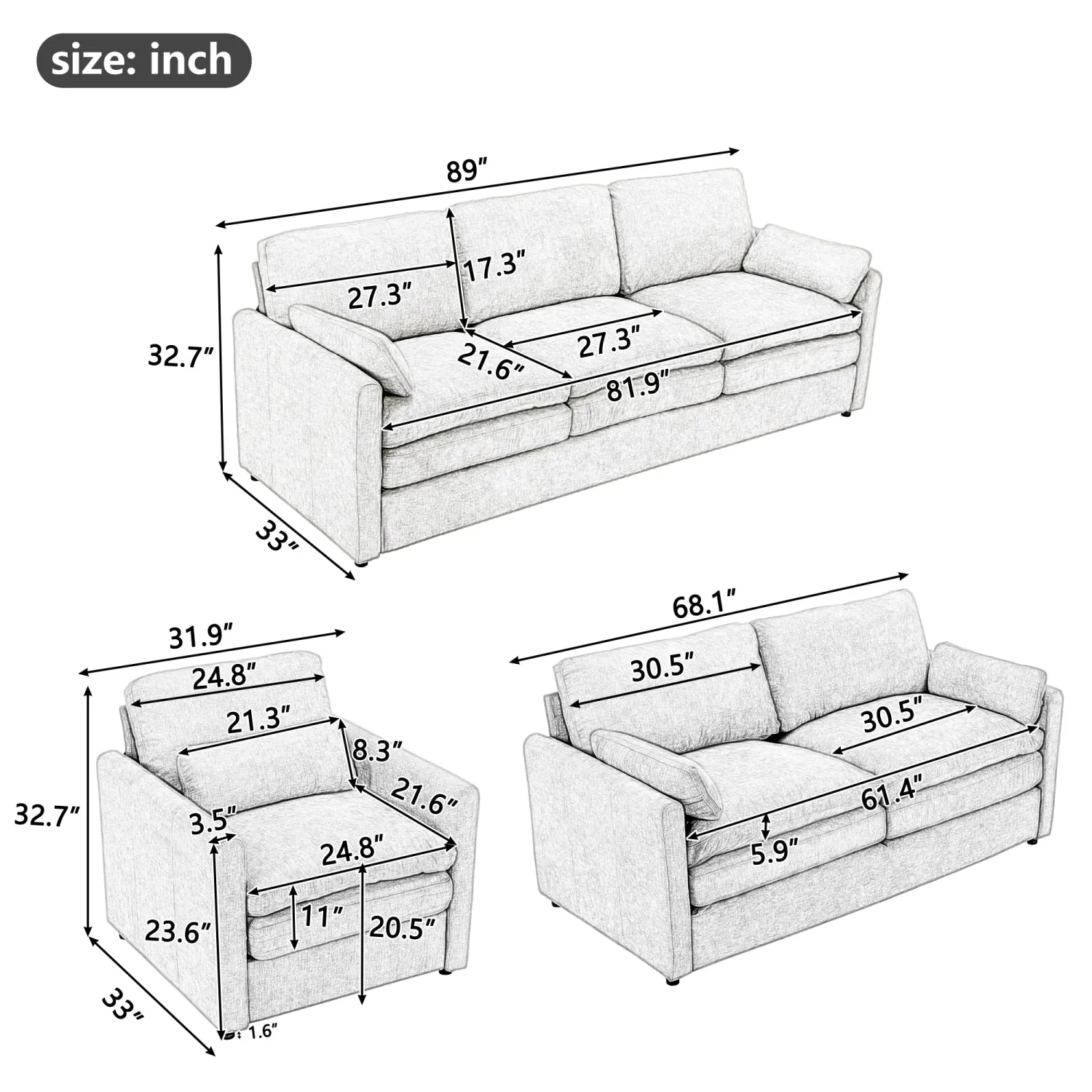 Streamdale Cozy Upholstered Cloud Sofa Set