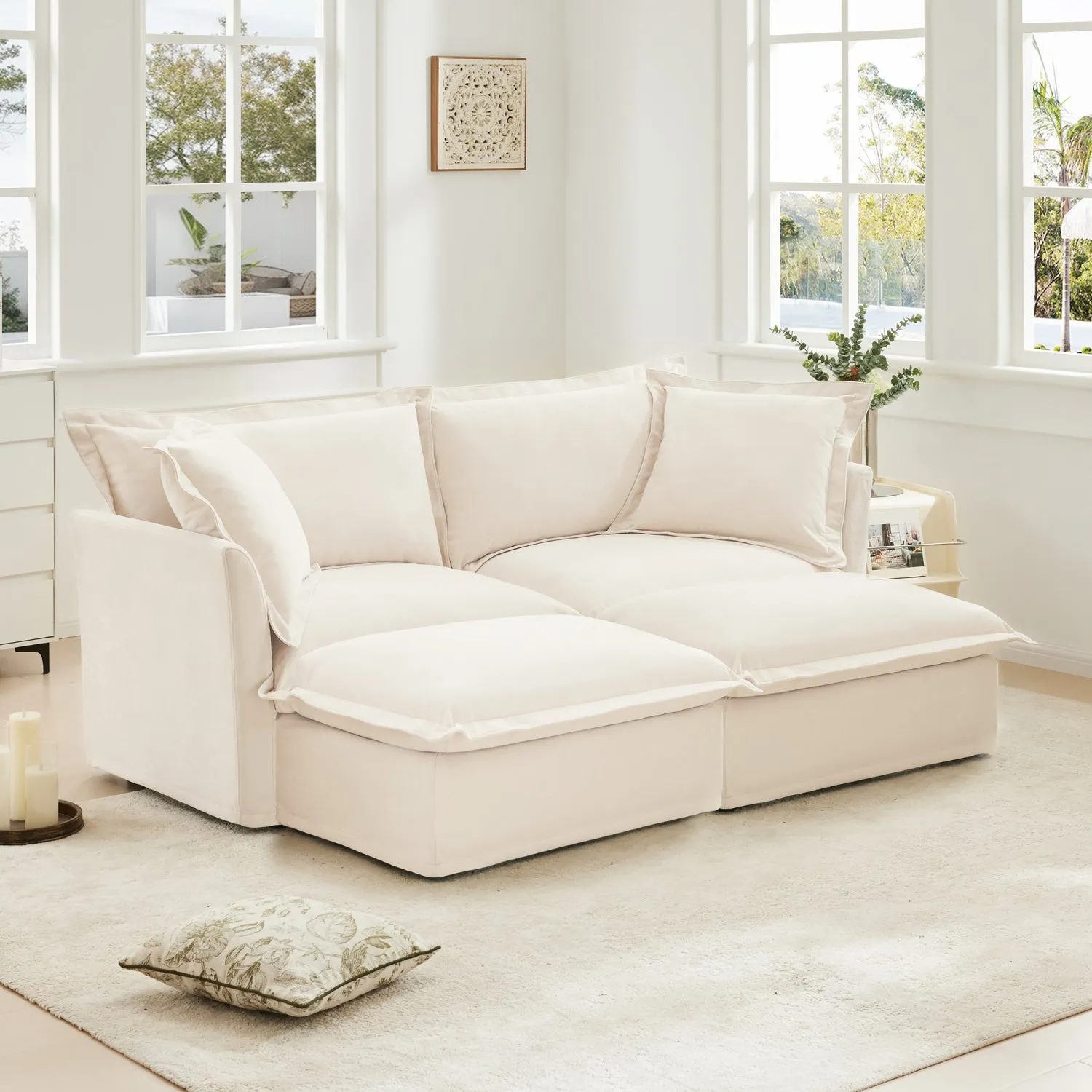 Streamdale Cream Chenille 2-Seater Sofa with Ottomans