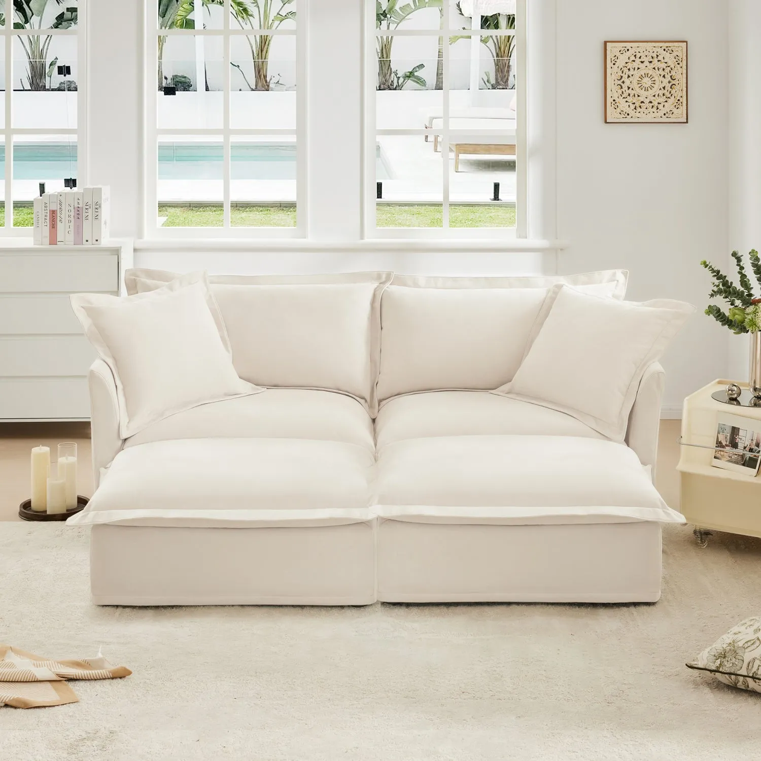 Streamdale Cream Chenille 2-Seater Sofa with Ottomans