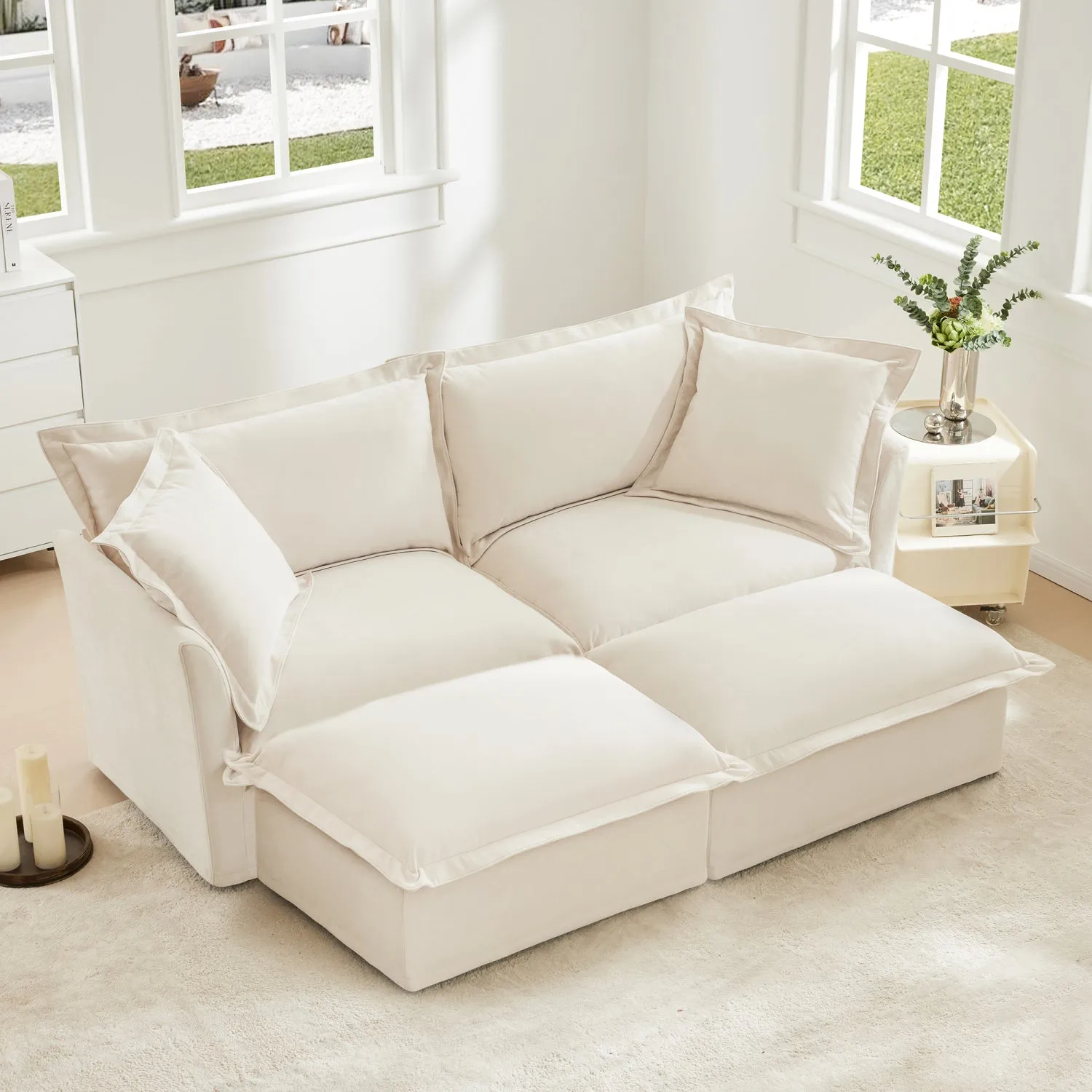 Streamdale Cream Chenille 2-Seater Sofa with Ottomans