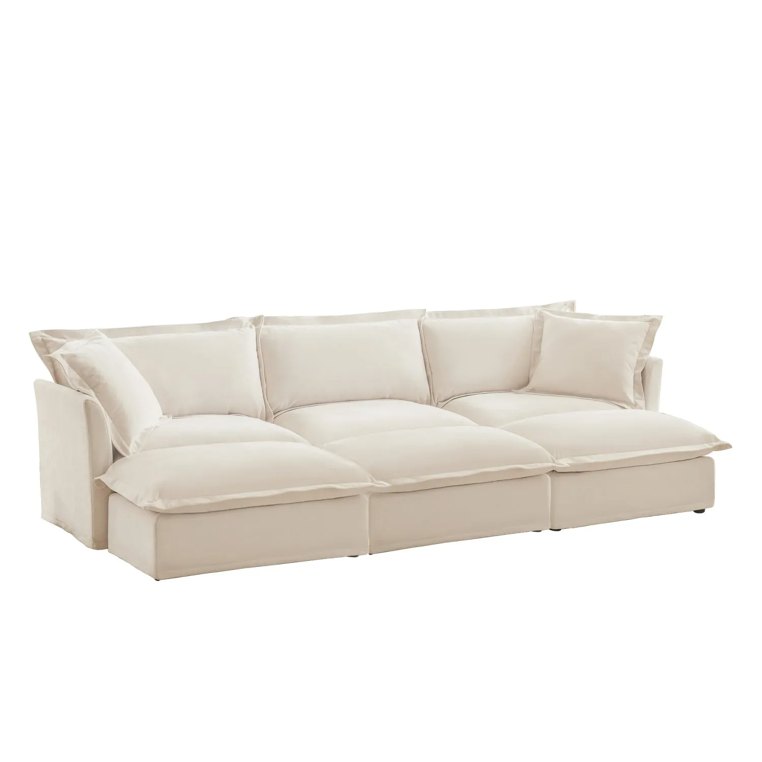 Streamdale Cream Chenille 3-Seat Sofa with Ottomans & Sleeper