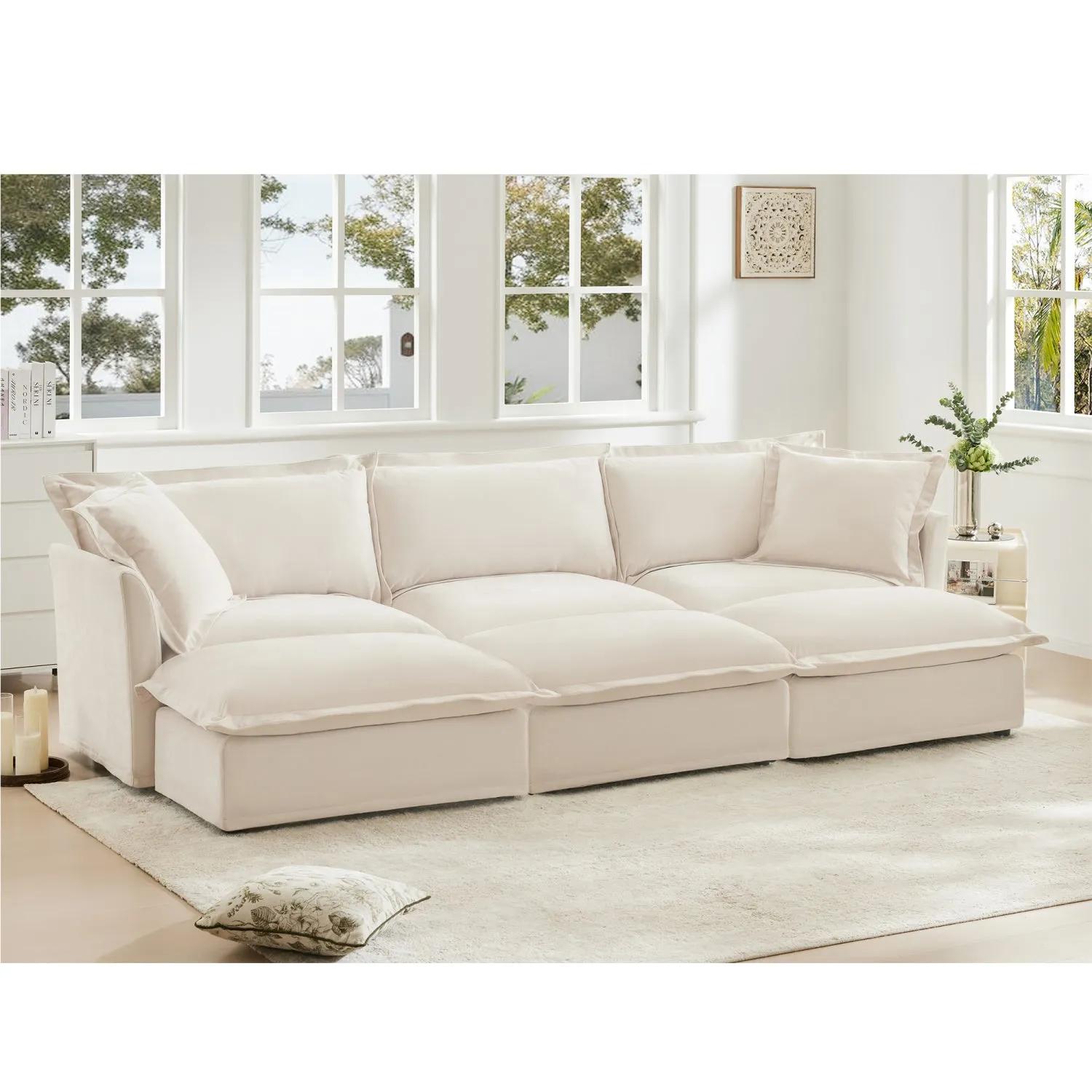 Streamdale Cream Chenille 3-Seat Sofa with Ottomans & Sleeper
