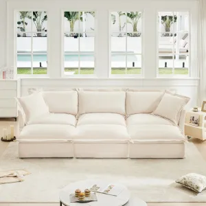 Streamdale Cream Chenille 3-Seat Sofa with Ottomans & Sleeper