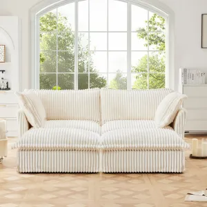 Streamdale Cream Corduroy 2-Seater Sofa with Ottomans & Sleeper