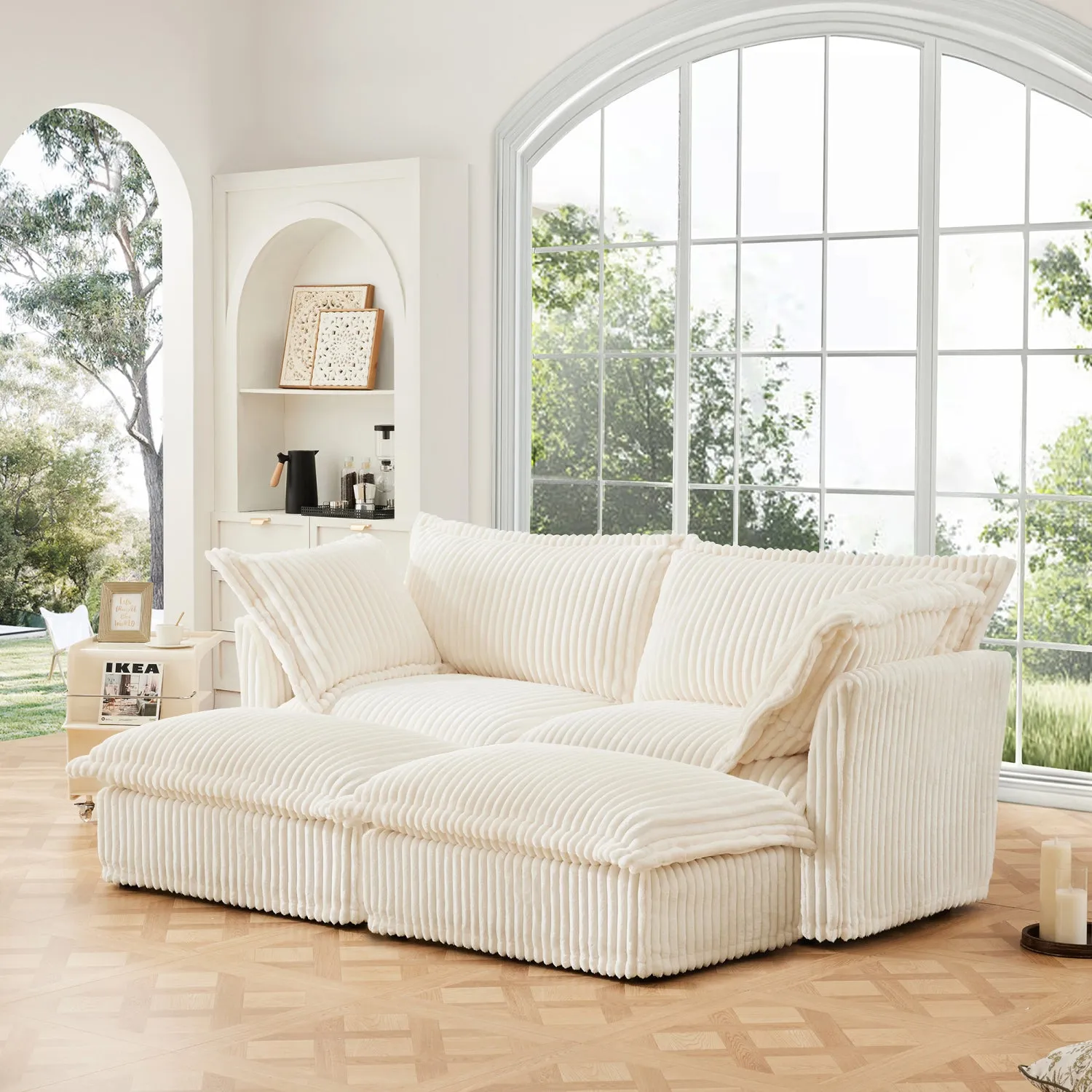 Streamdale Cream Corduroy 2-Seater Sofa with Ottomans & Sleeper