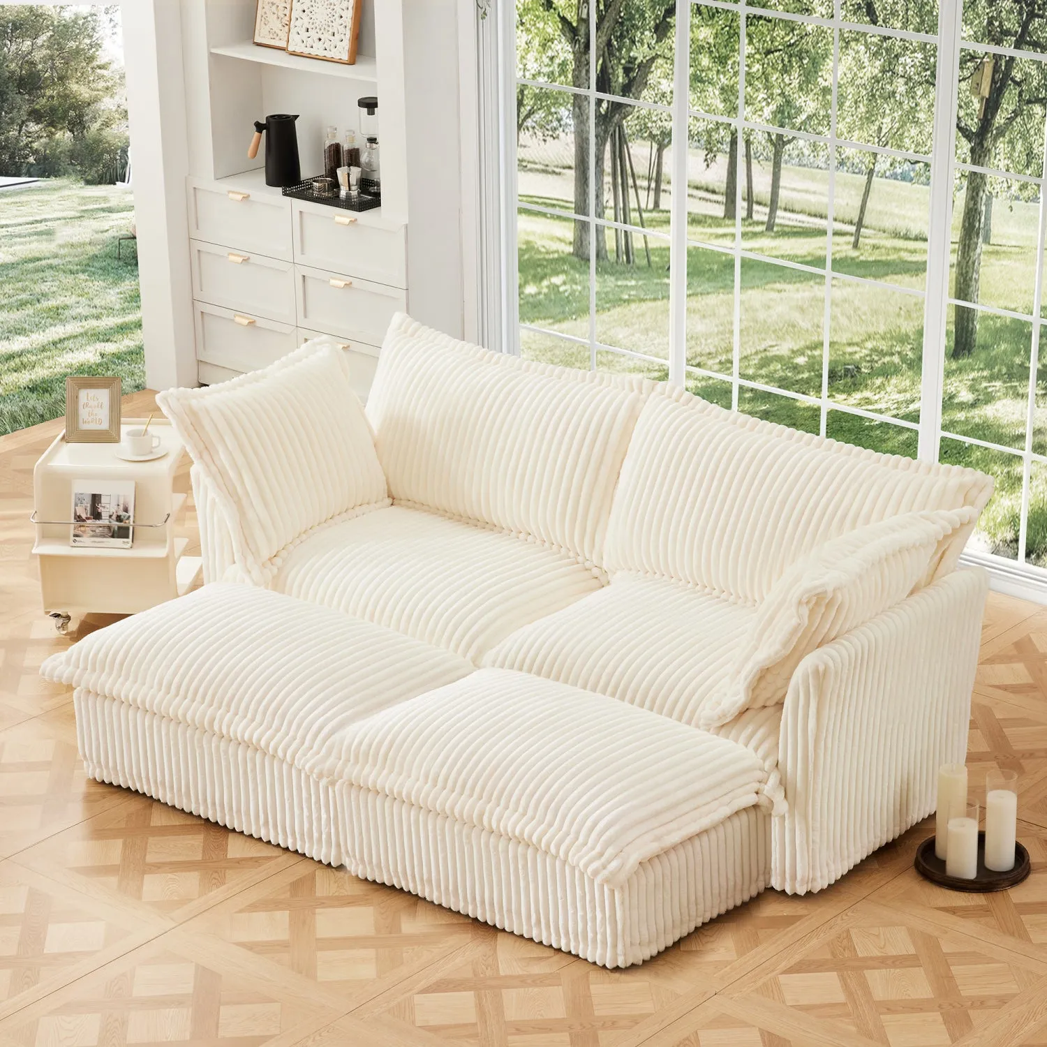 Streamdale Cream Corduroy 2-Seater Sofa with Ottomans & Sleeper