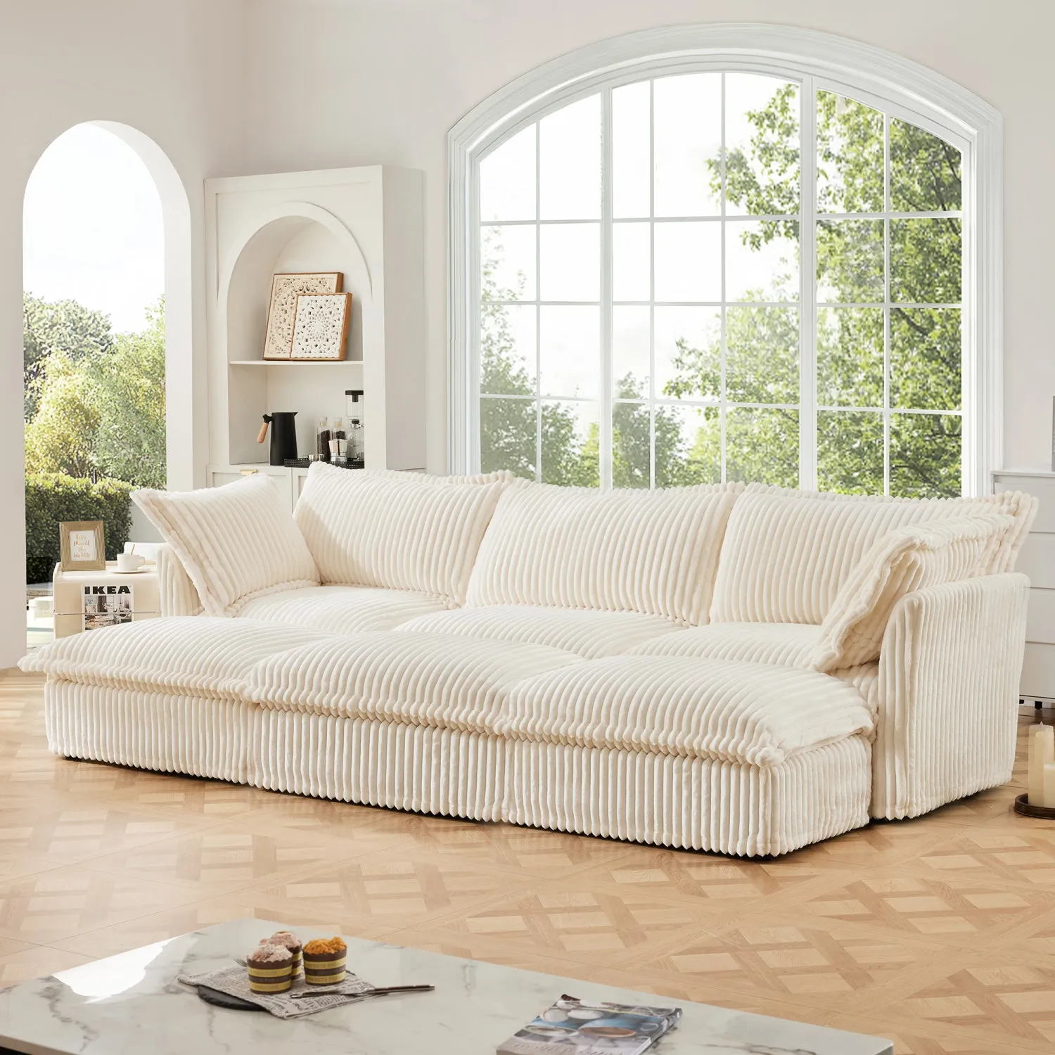 Streamdale Cream Corduroy 3-Seat Sofa with Ottomans & Sleeper