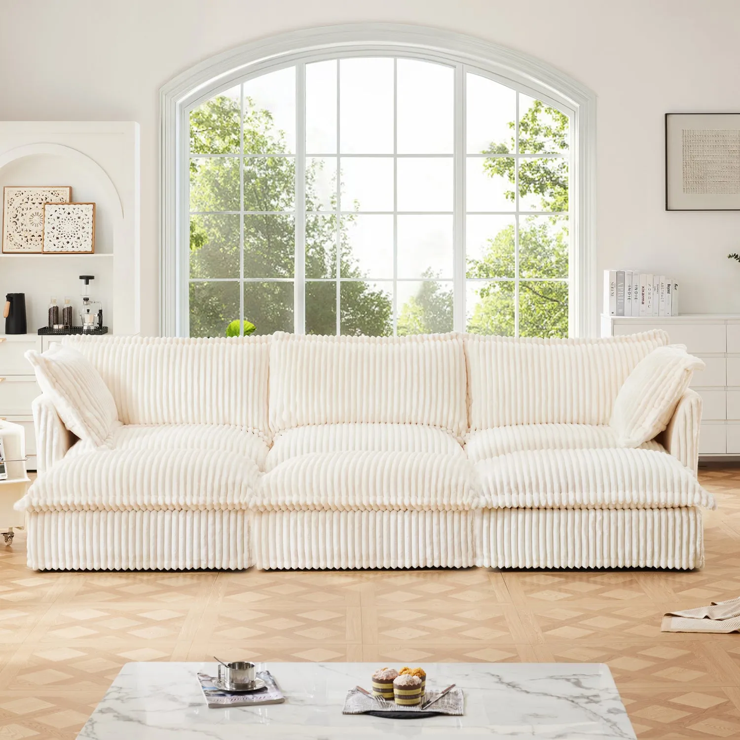 Streamdale Cream Corduroy 3-Seat Sofa with Ottomans & Sleeper