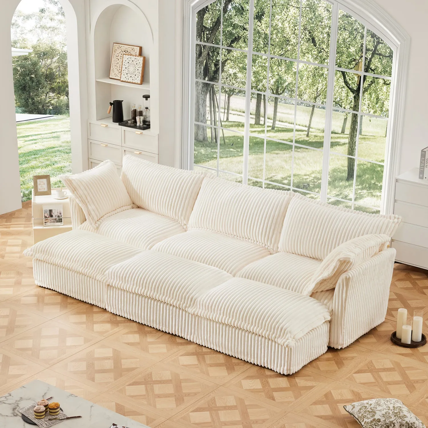 Streamdale Cream Corduroy 3-Seat Sofa with Ottomans & Sleeper