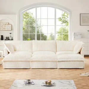 Streamdale Cream Corduroy 3-Seat Sofa with Ottomans & Sleeper