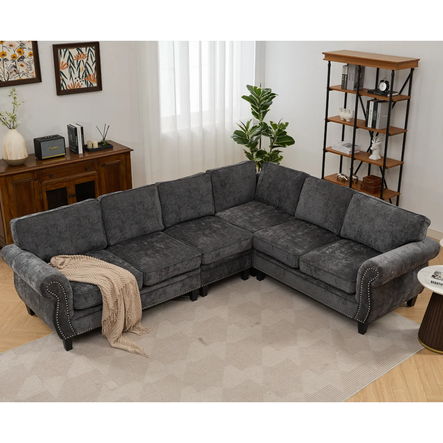 Streamdale Dark Gray Chenille Sectional Sofa, Rivets, Rolled Arm, 6 Seater