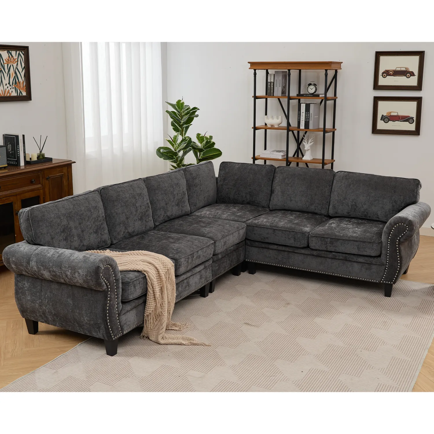 Streamdale Dark Gray Chenille Sectional Sofa, Rivets, Rolled Arm, 6 Seater