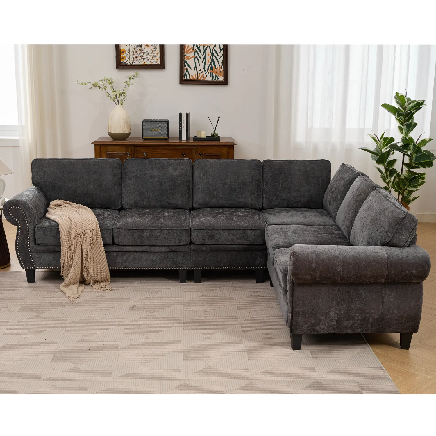 Streamdale Dark Gray Chenille Sectional Sofa, Rivets, Rolled Arm, 6 Seater