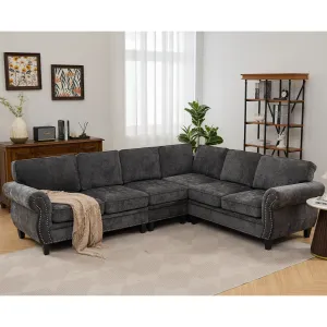 Streamdale Dark Gray Chenille Sectional Sofa, Rivets, Rolled Arm, 6 Seater