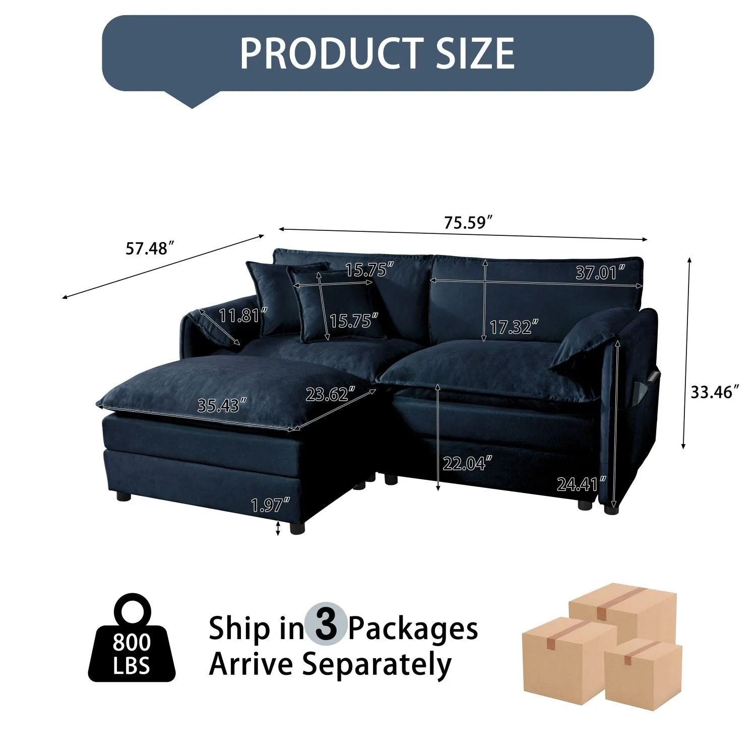 Streamdale Deep Seat Chenille Sectional Sofa with Ottoman - Blue